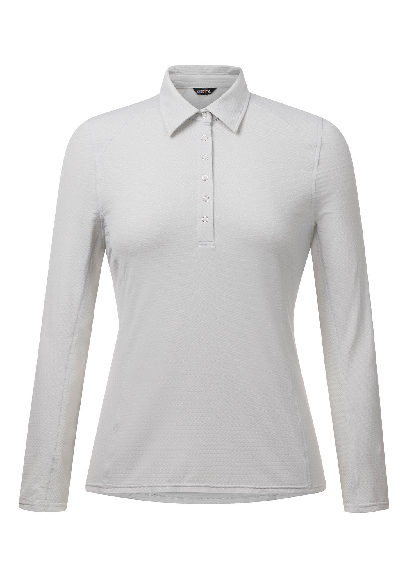 Flat lay of the Kerrits In a Snap Long Sleeve Equestrian Clinic Shirt in Opalmist, highlighting the front profile with shirt collar and snap placket.