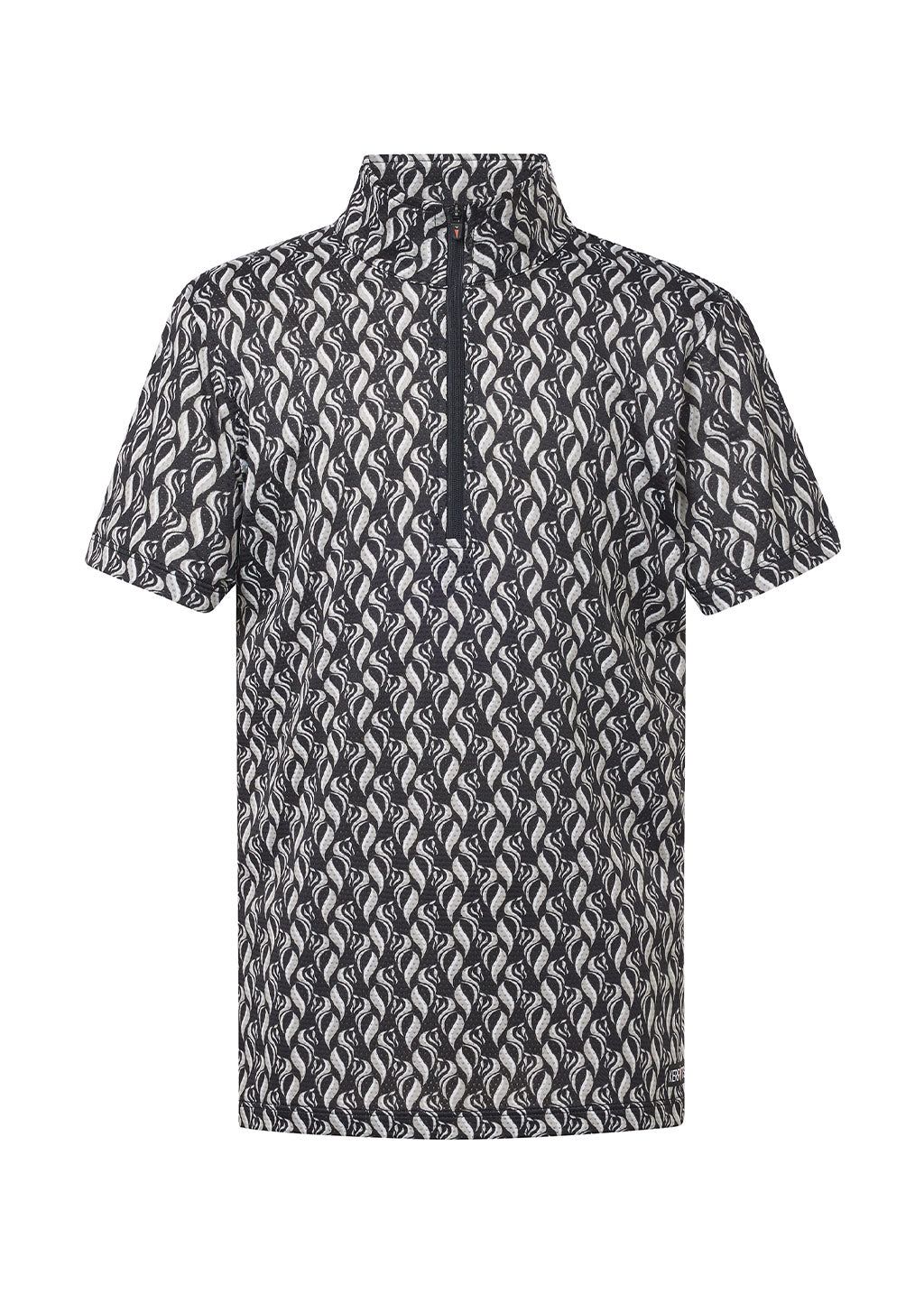 Flat lay of the shirt, front side up, highlighting the vibrant print and zip collar