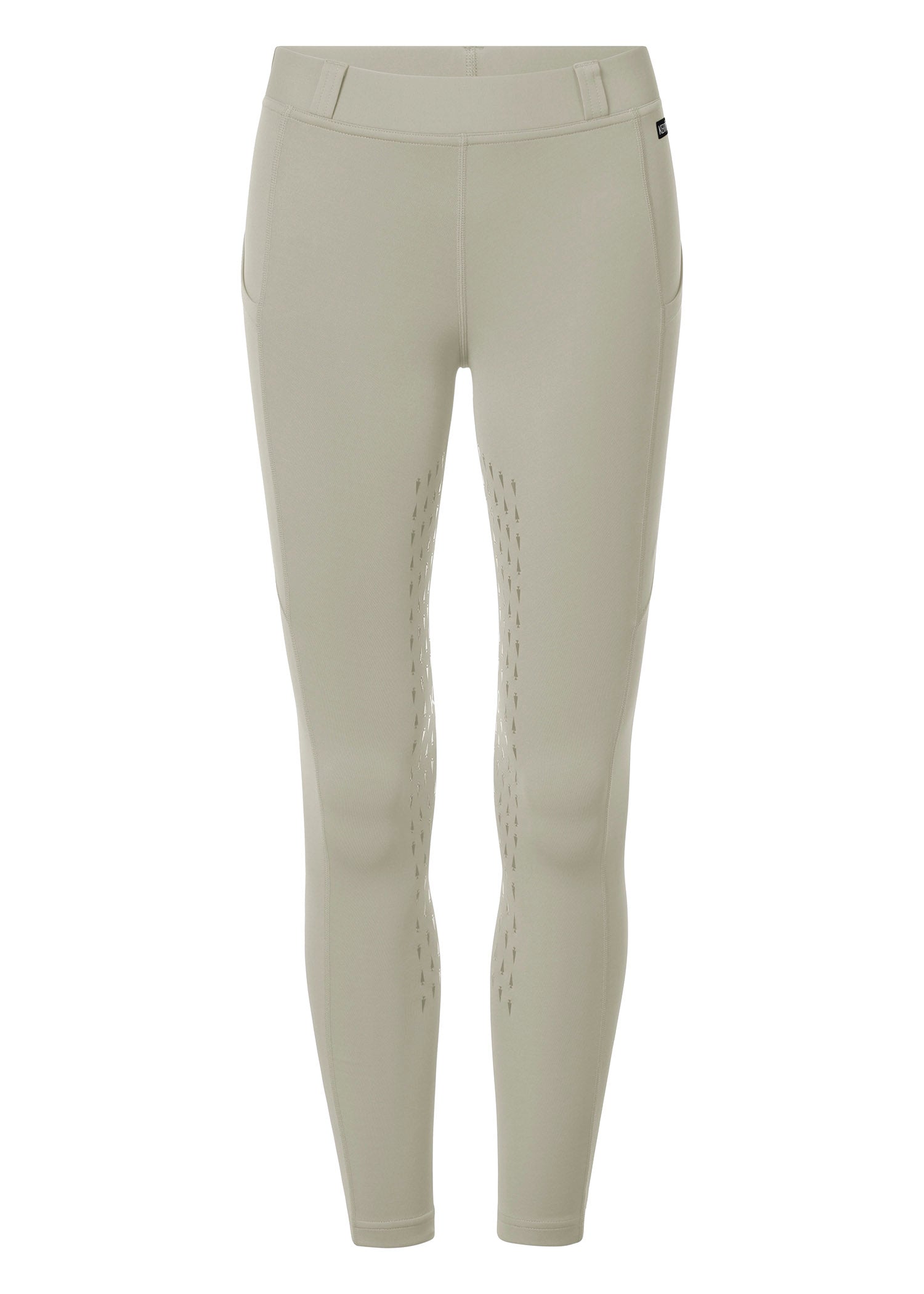 Flat lay of the riding tights, front side up, detailing the full-leg silicone grip and functional elements