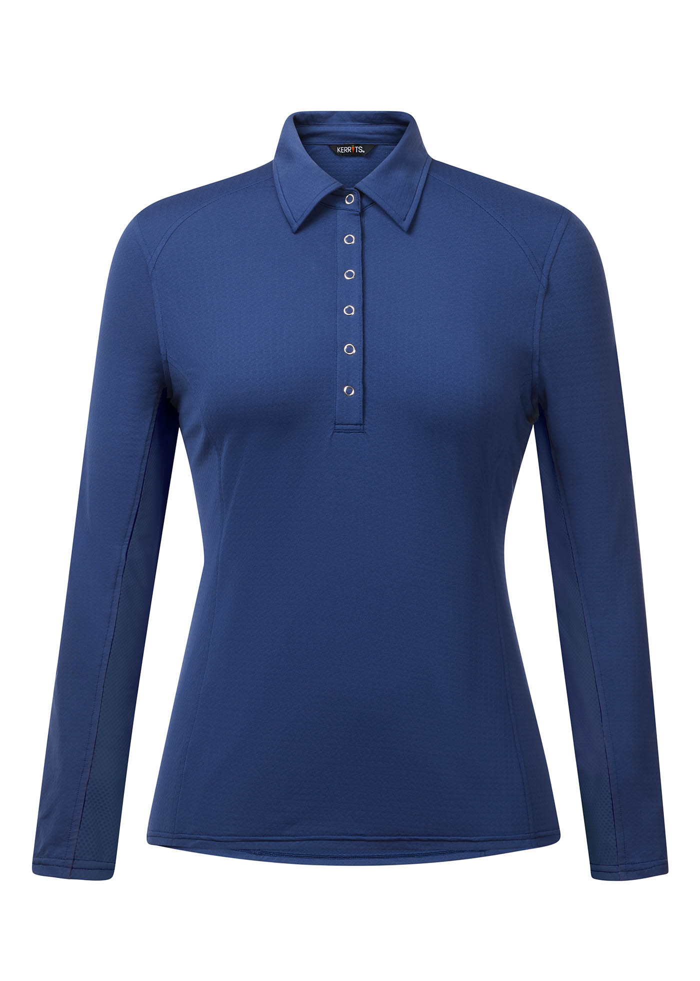 Flat lay of the Kerrits In a Snap Long Sleeve Equestrian Clinic Shirt in Lapis, highlighting the front profile with shirt collar and snap placket.