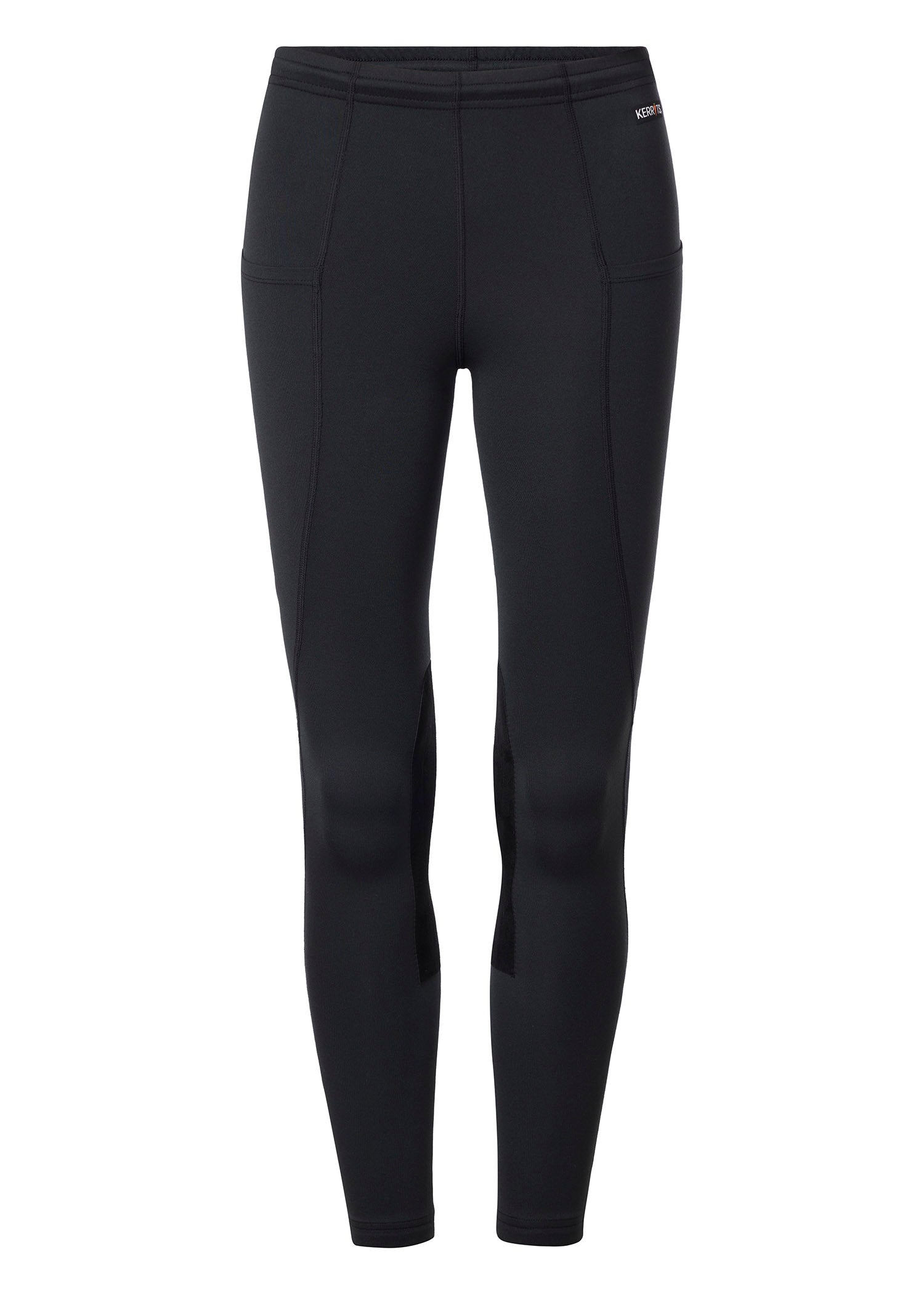 Flat lay of the riding tight, front side up, displaying the knee patches, waistband, side pockets, and overall design