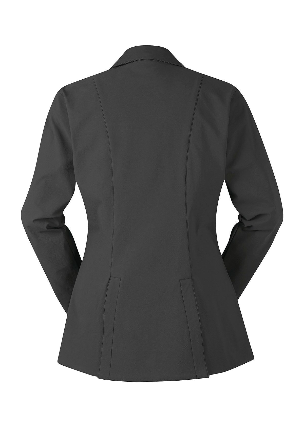 Back view of the Stretch Competitor Koat in obsidian, displaying the two back vents and tailored fit