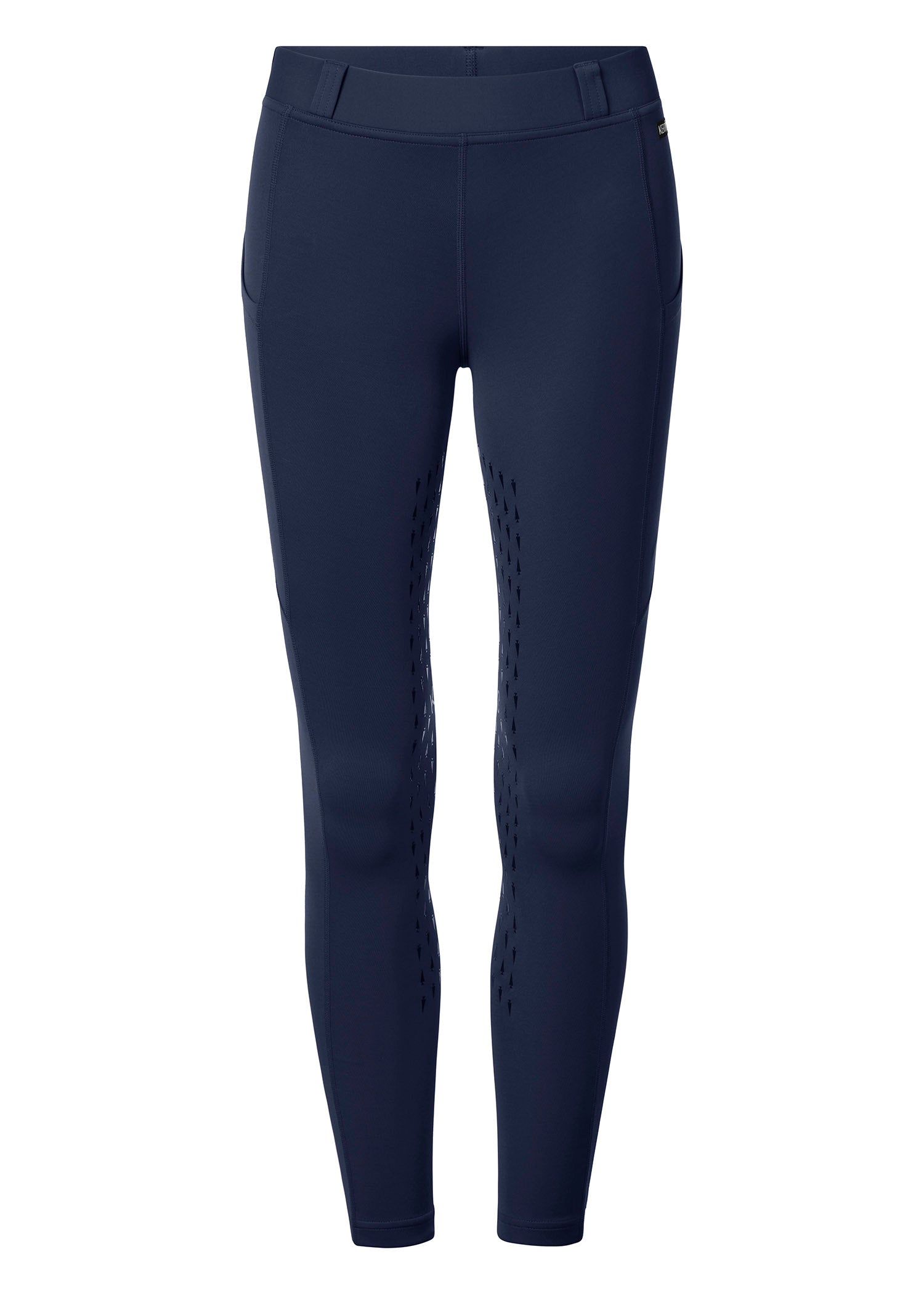 Flat lay of the riding tights, front side up, detailing the full-leg silicone grip and functional elements