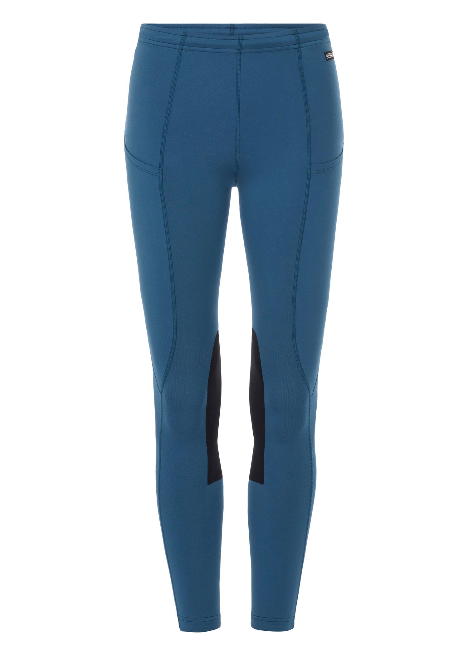 Flat lay of the riding tight, front side up, displaying the knee patches, waistband, side pockets, and overall design