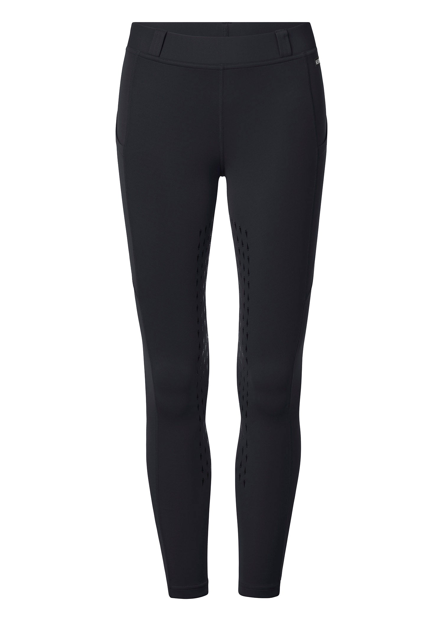 Flat lay of the riding tights, front side up, detailing the full-leg silicone grip and functional elements
