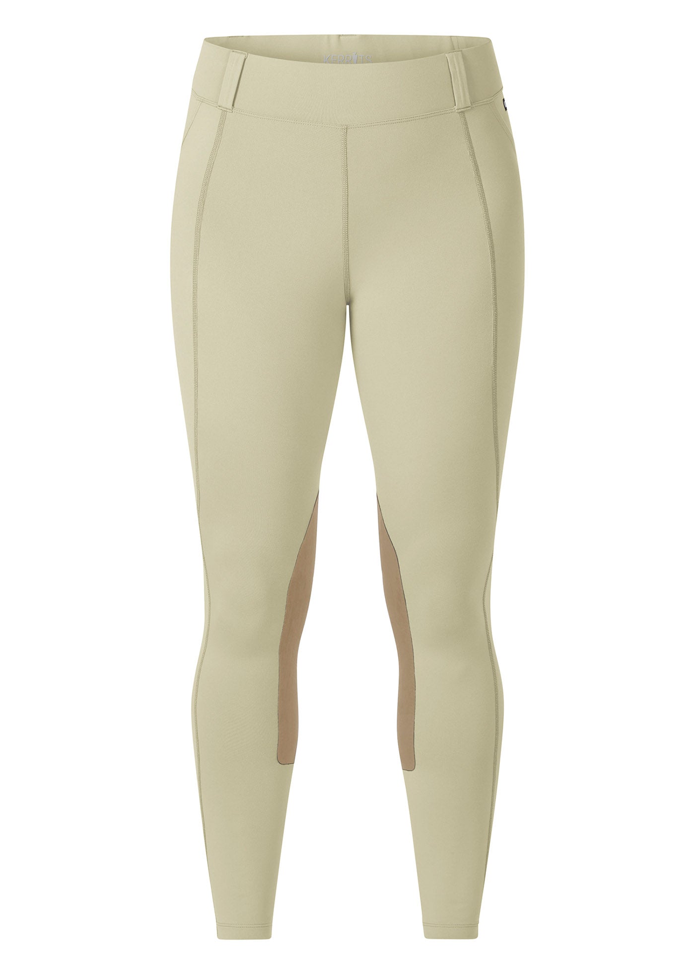 Flat lay of the Performance Knee Patch Pocket Riding Tight in Tan, presenting the front profile and waistband design.
