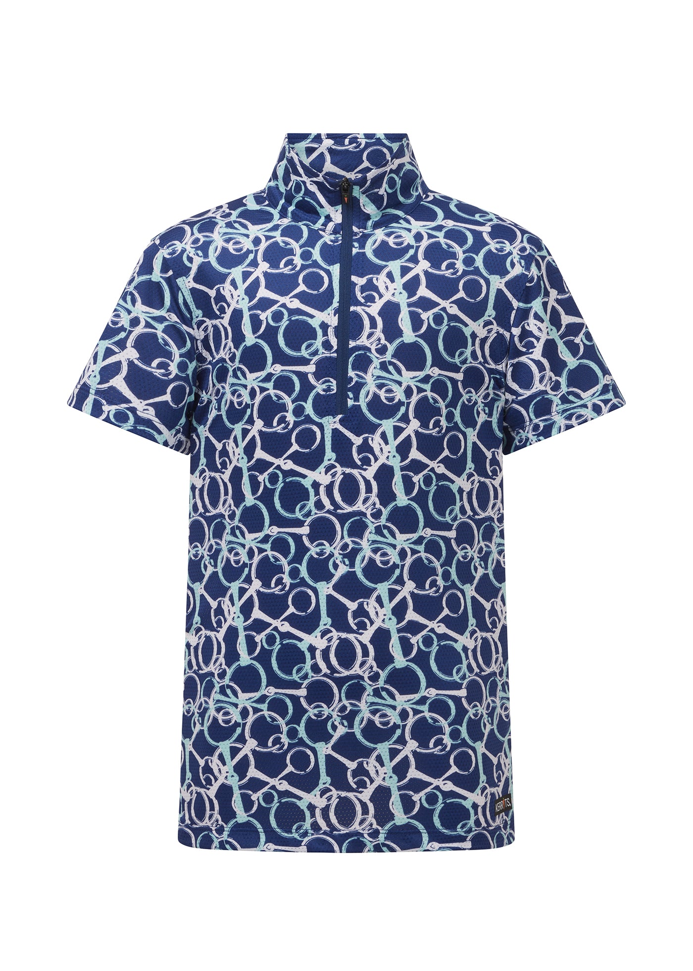 Flat lay of the riding shirt, front side up, showcasing the equine-themed print and design details including the quarter-length zipper