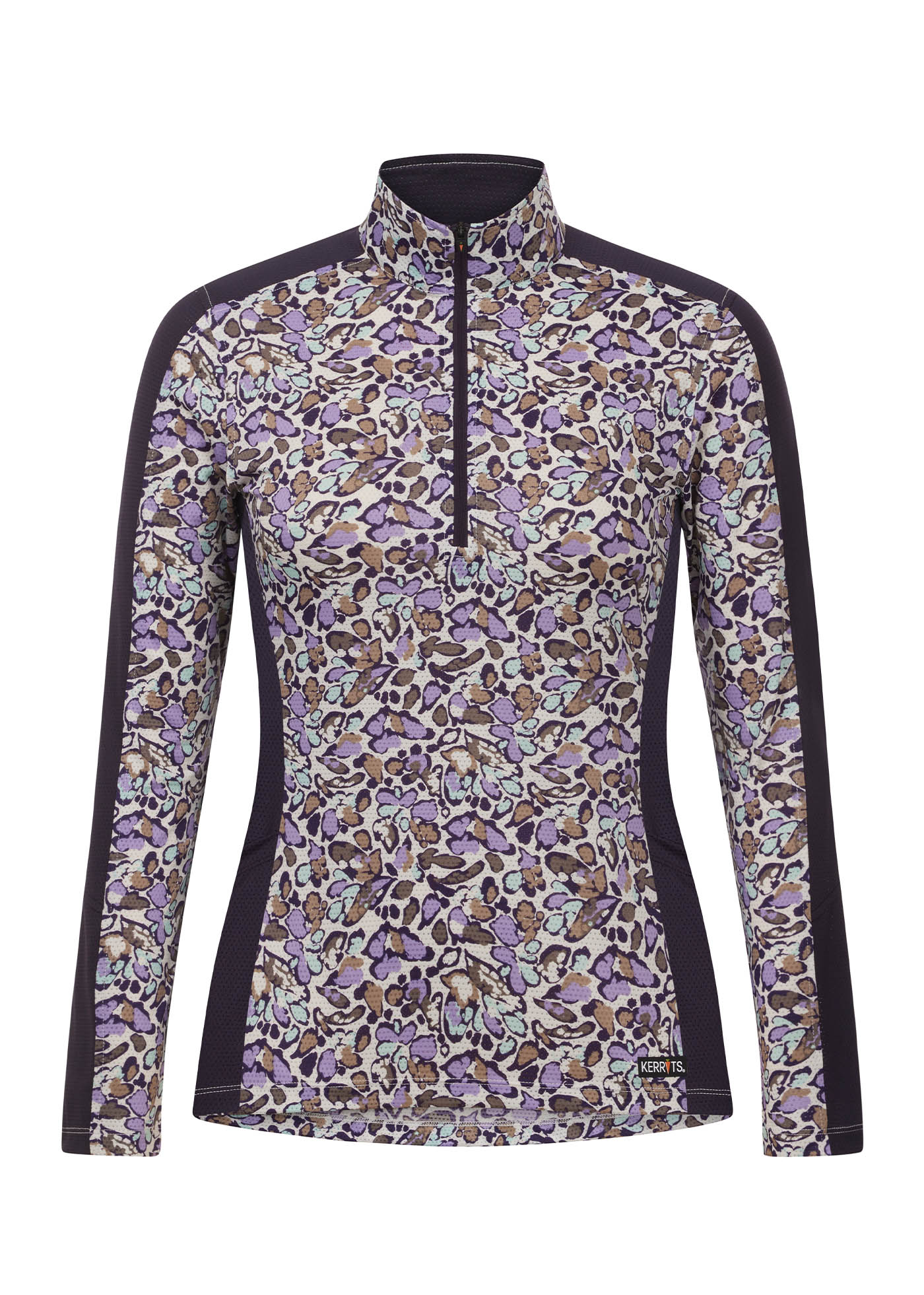 Flat lay of the Breeze Ice Fil® Long Sleeve Riding Shirt in Orchid Springtime print, showcasing the equestrian-inspired design and lightweight fabric.