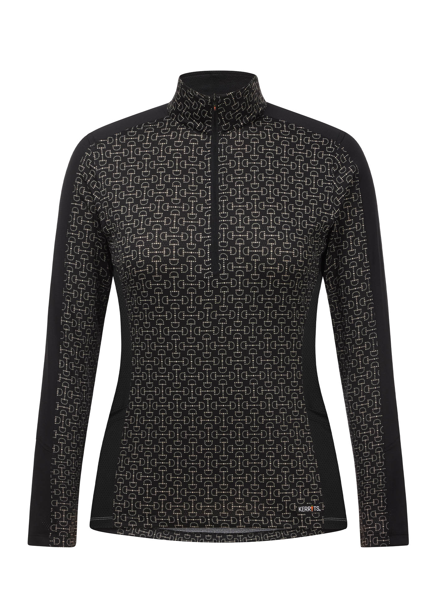 Flat lay of the Breeze Ice Fil® Long Sleeve Riding Shirt in Black Connect The Bits print, showcasing the equestrian-inspired design and lightweight fabric.