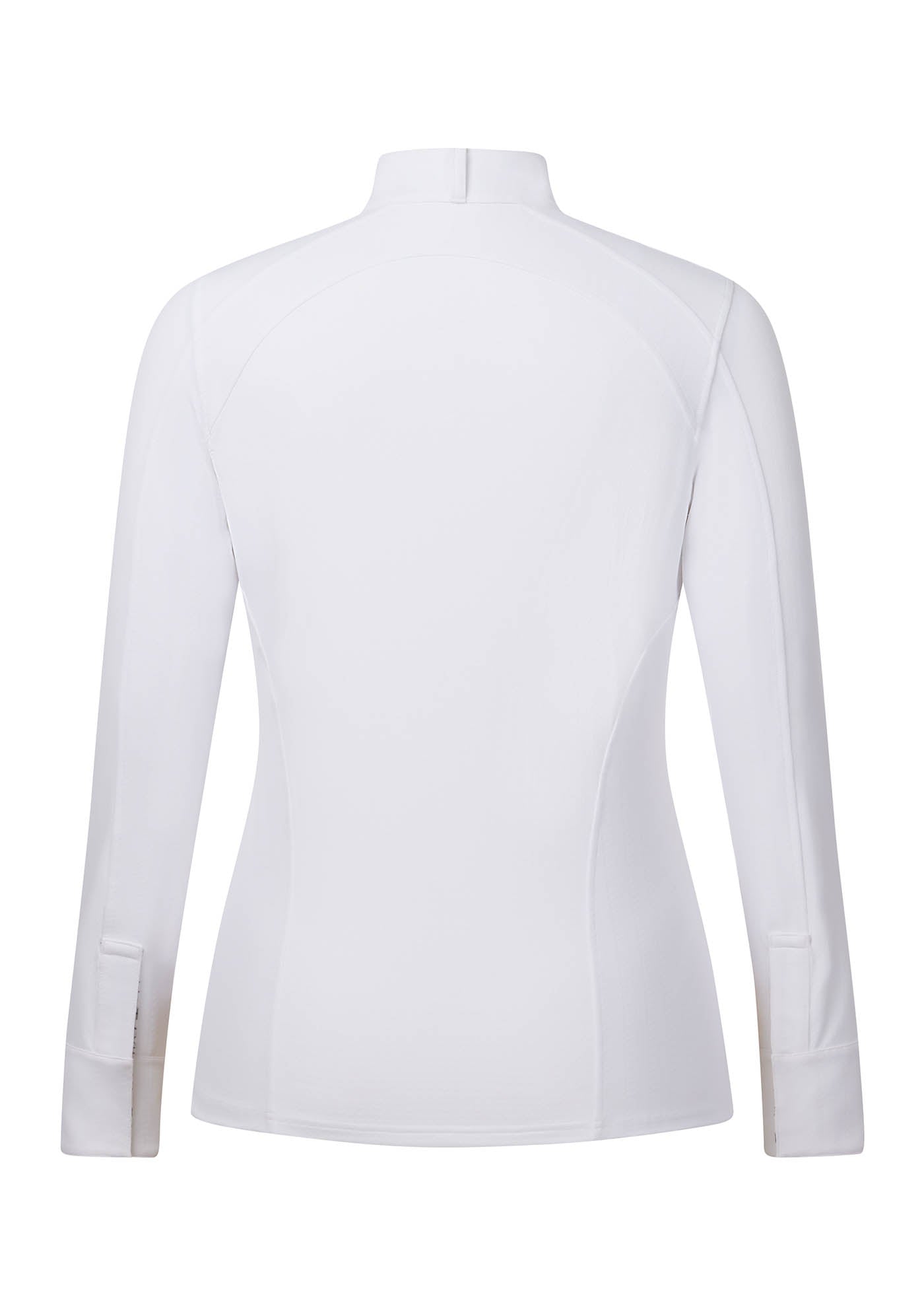 Flat lay of a white Affinity Pro Long Sleeve Equestrian Show Shirt from the back, highlighting the contrasting mesh back panel for enhanced airflow.