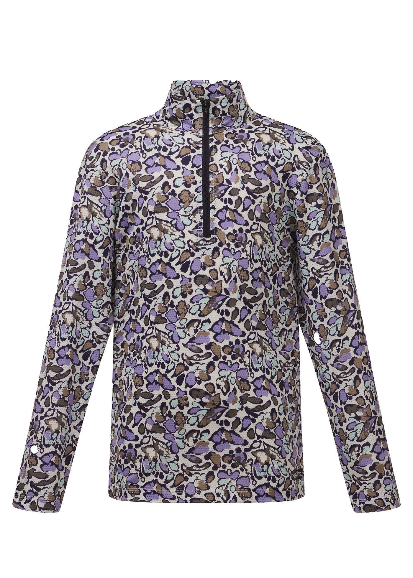 Flat lay of the riding shirt, front side up, showcasing the equine-themed print and design details including the quarter-length zipper