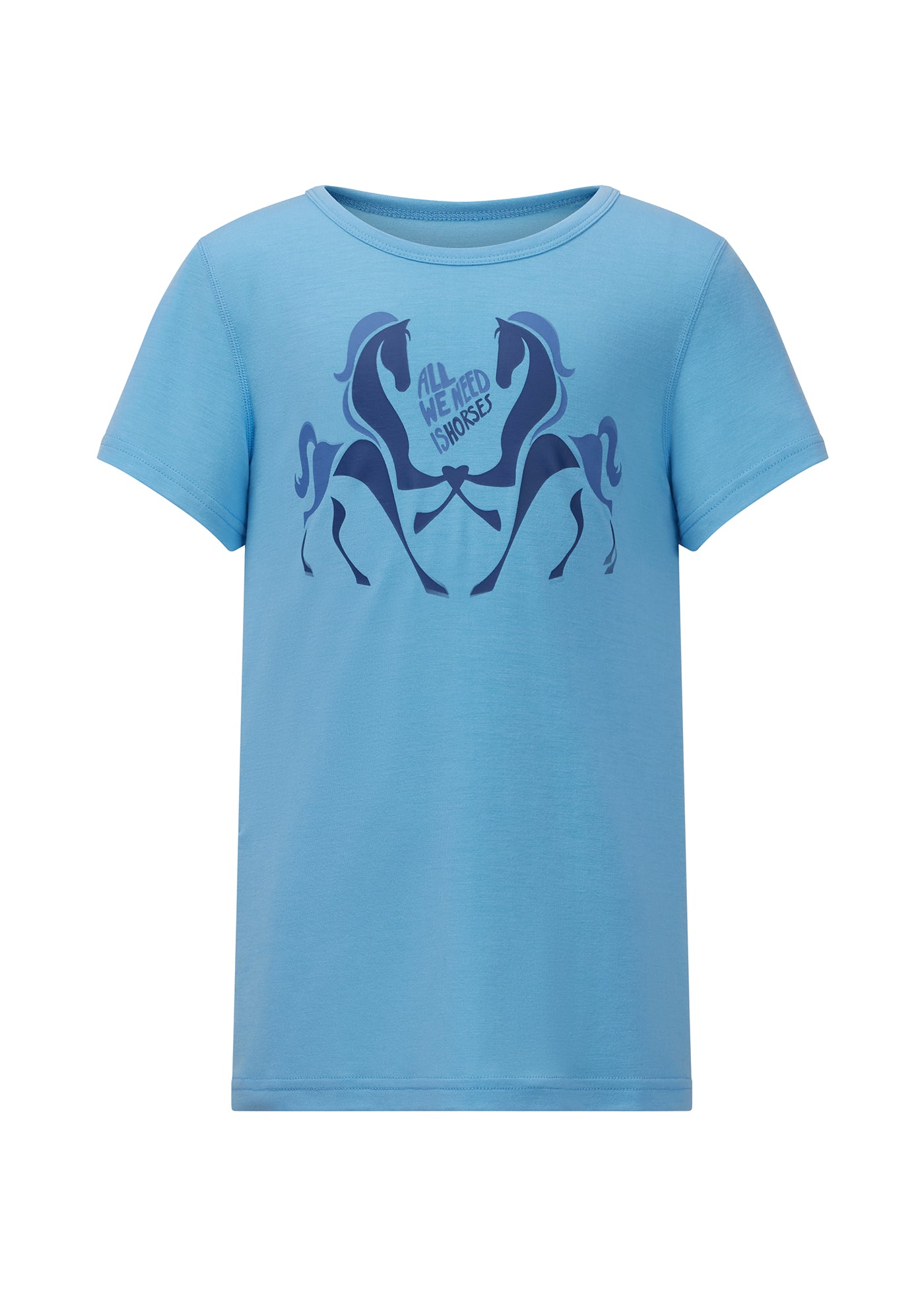 Flat lay of the All We Need Is Horses Tee arranged to showcase the royal crest graphic and the soft fabric texture