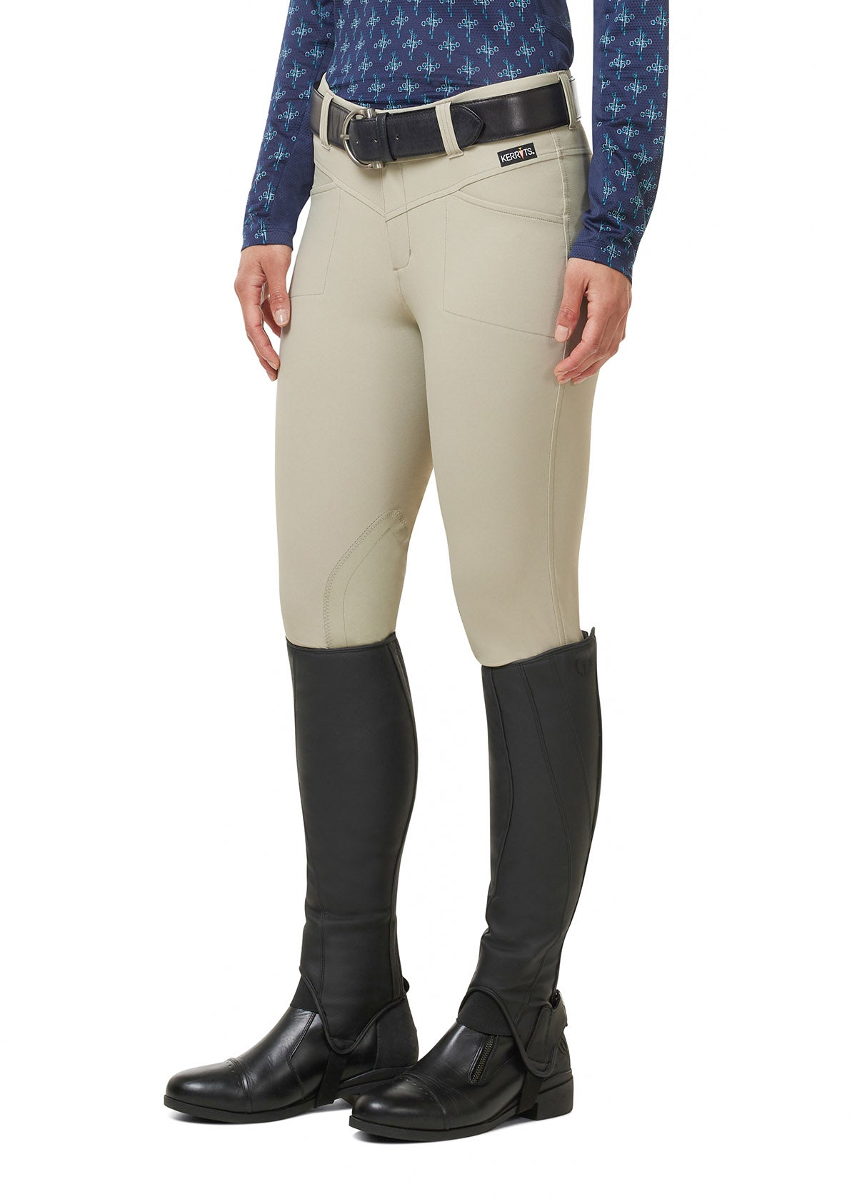 Side profile highlighting the knee patch design and ergonomic seam placement for enhanced comfort