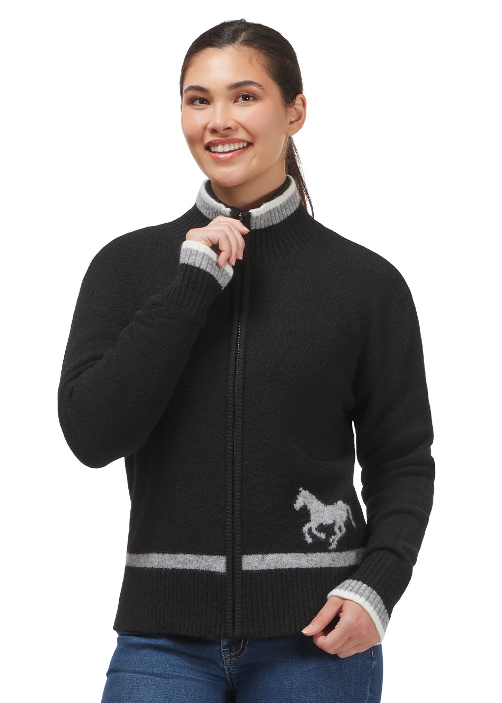 BLACK::variant::Full Zip Varsity Horse Sweater