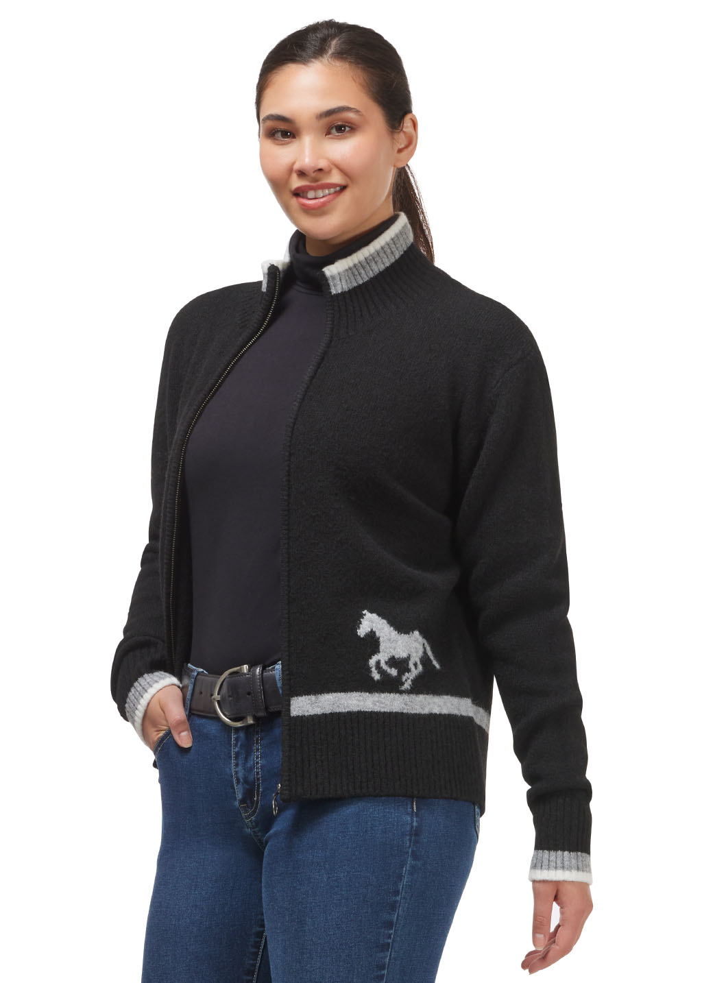 BLACK::variant::Full Zip Varsity Horse Sweater