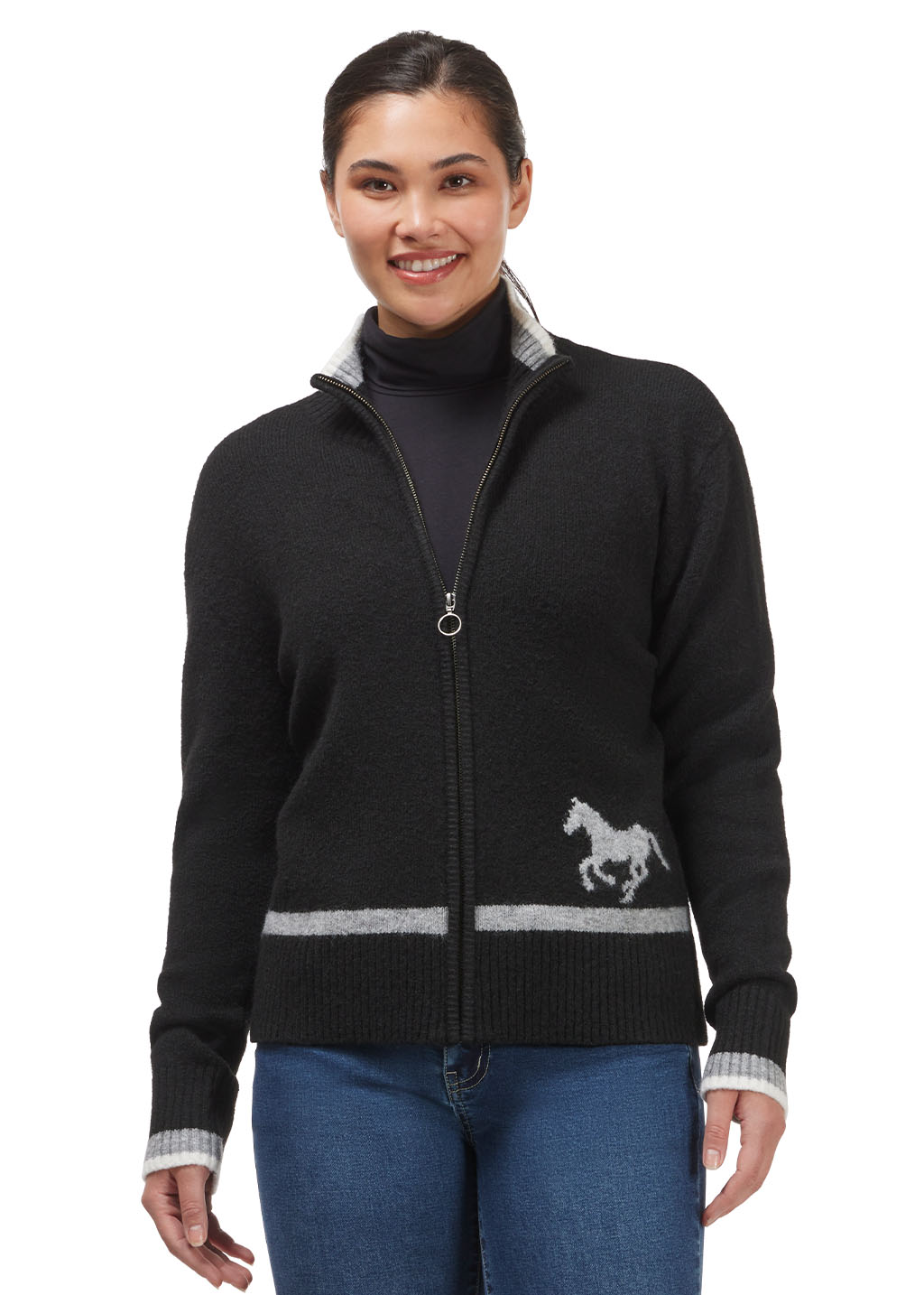 BLACK::variant::Full Zip Varsity Horse Sweater