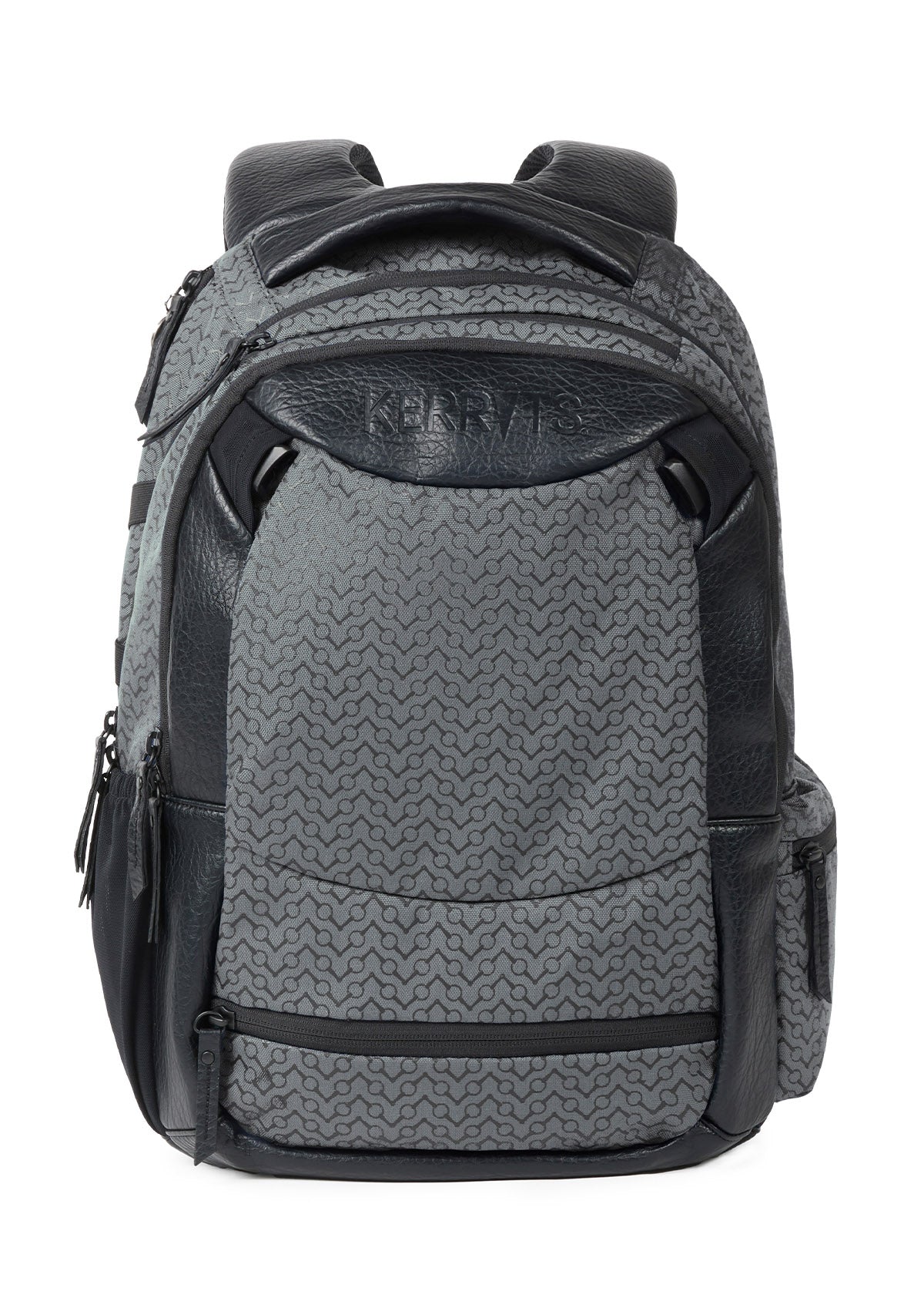 Front view of the Kerrits EQ Backpack in Sage Chevron Bits, showcasing its equestrian-inspired design with multiple storage compartments.