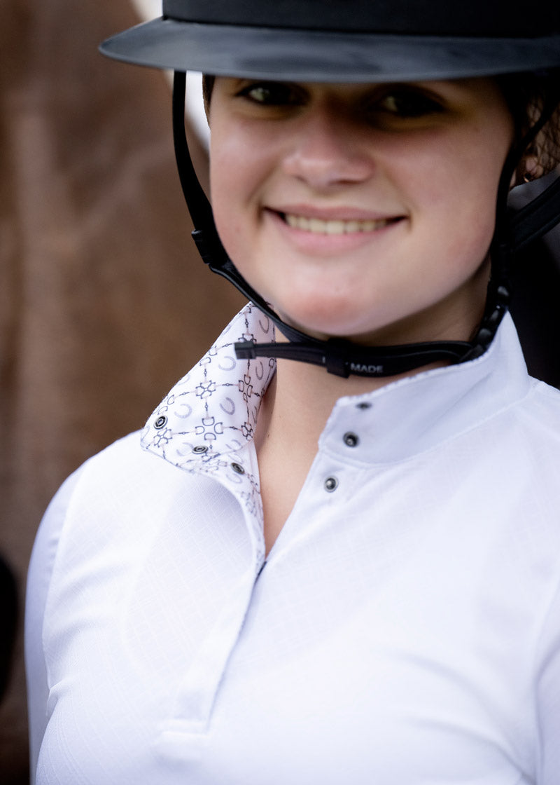 Detailed view of the stand-up collar on the Encore Long Sleeve Show Shirt, emphasizing its structured design equestrian print lining.