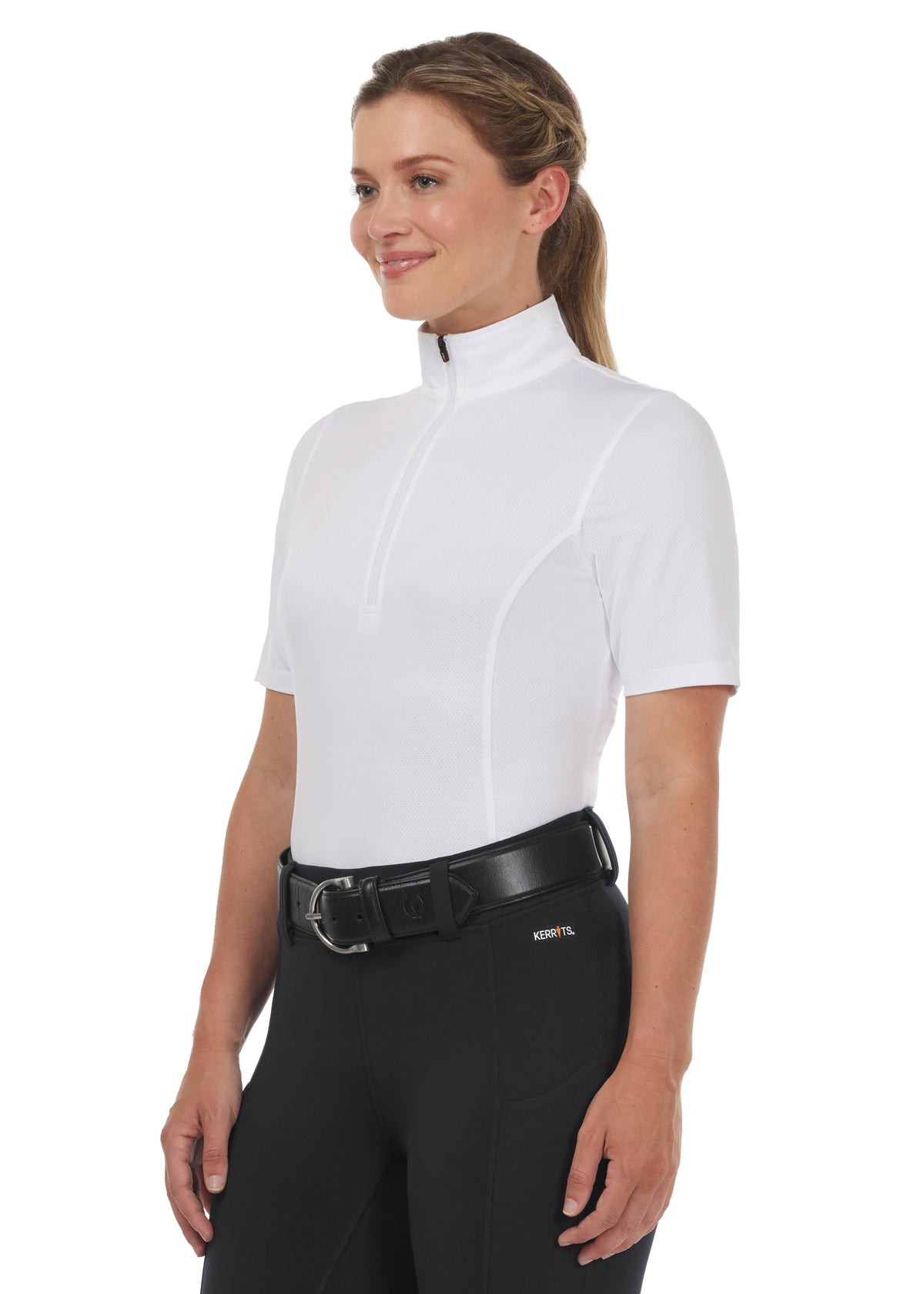 Front view of the Kerrits Ice Fil® Lite Short Sleeve Riding Shirt in White, featuring a 10-inch zip collar and sporty, feminine fit.