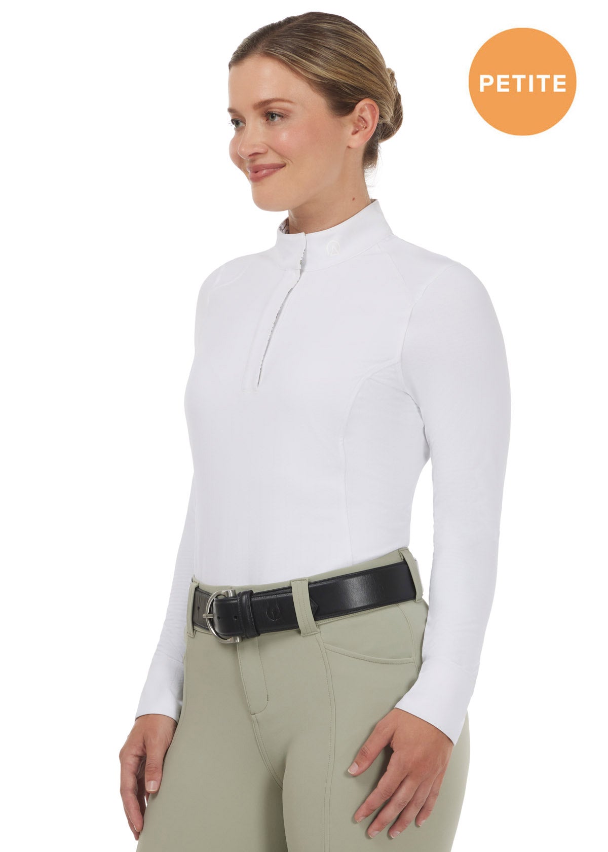 Front view of the Affinity Pro Long Sleeve Equestrian Show Shirt in white featuring a micro-herringbone pattern, quarter-length snap placket, and a crisp stand collar.