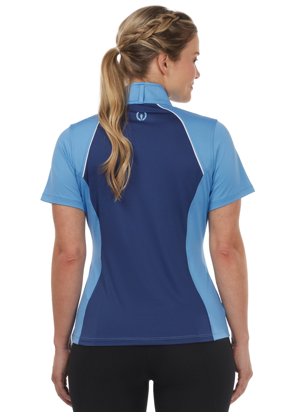 Back view of the Charisma Coolcore Short Sleeve Riding Shirt in Lapis, showcasing the tonal panels and flattering princess seams.