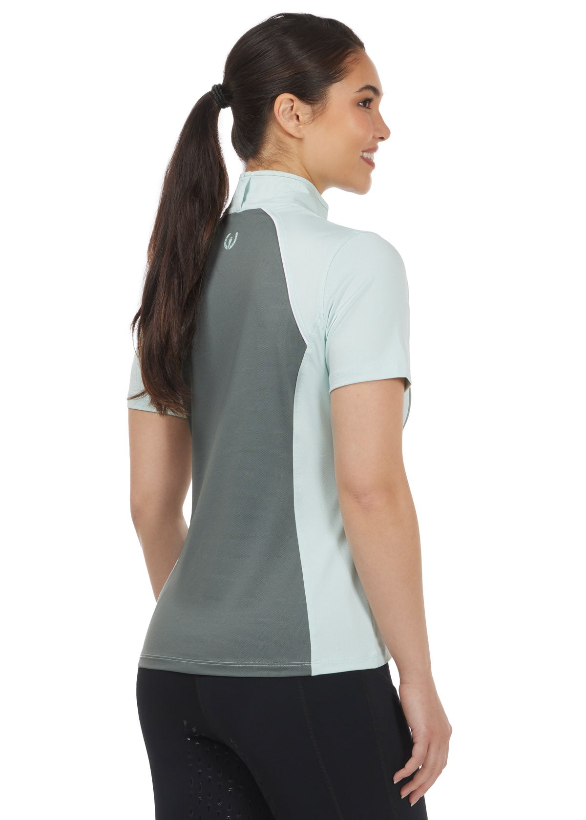 Back view of the Charisma Coolcore Short Sleeve Riding Shirt in Sagestone, showcasing the tonal panels and flattering princess seams.
