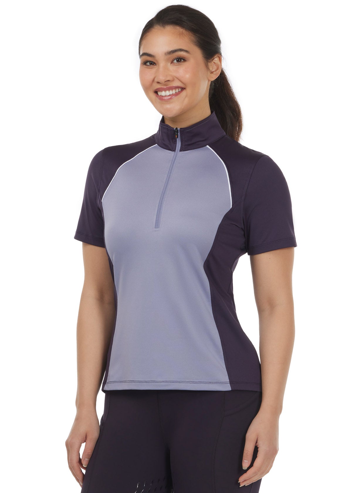 Front view of the Charisma Coolcore Short Sleeve Riding Shirt in Silverberry, featuring a classic collar with stock tie loop, tonal panels, and white piping accents for a crisp, classic look.