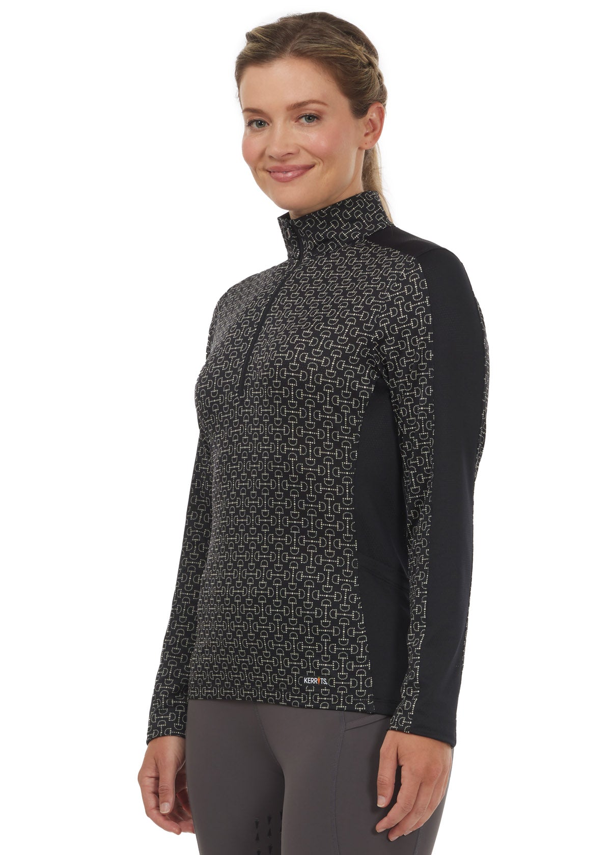 Front view of the Breeze Ice Fil® Long Sleeve Riding Shirt in Black Connect The Bits print, featuring the extended ten-inch zipper and feminine, sporty design.