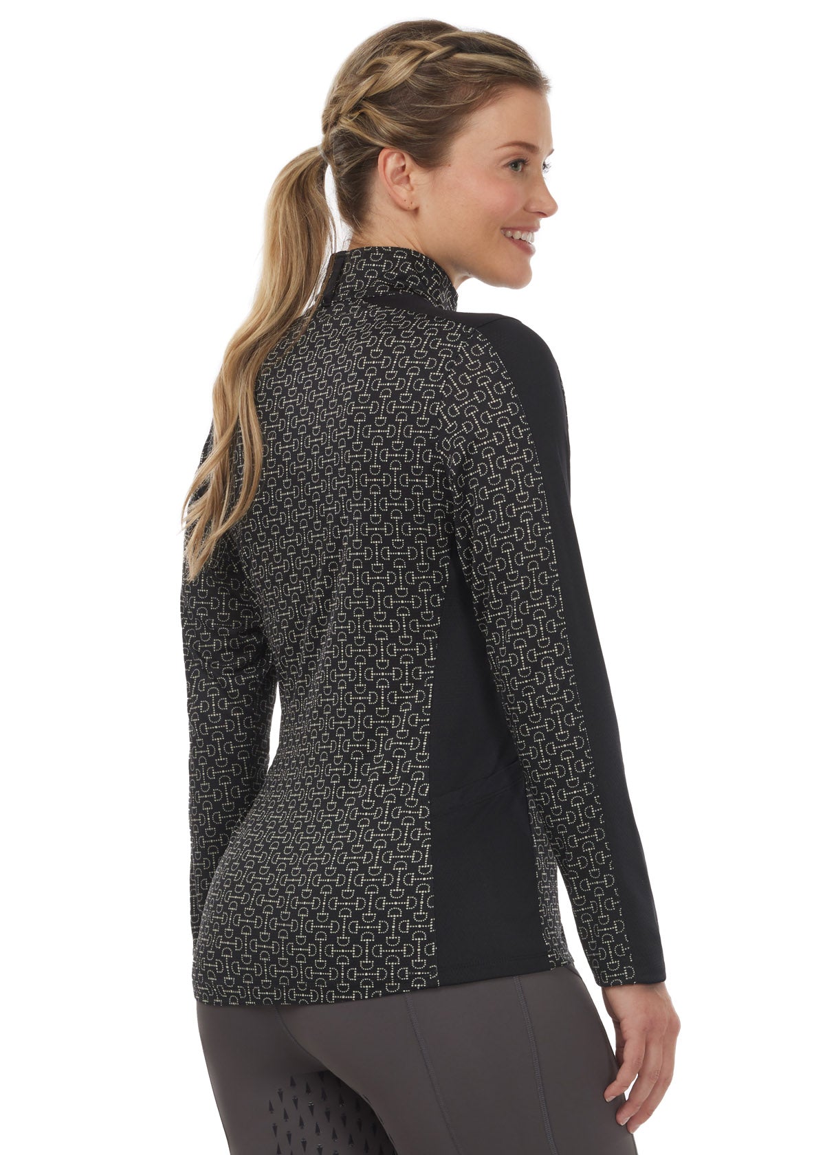 Back view of the Breeze Ice Fil® Long Sleeve Riding Shirt in Black Connect The Bits, highlighting the slimming contrast side panels and equestrian-inspired print.
