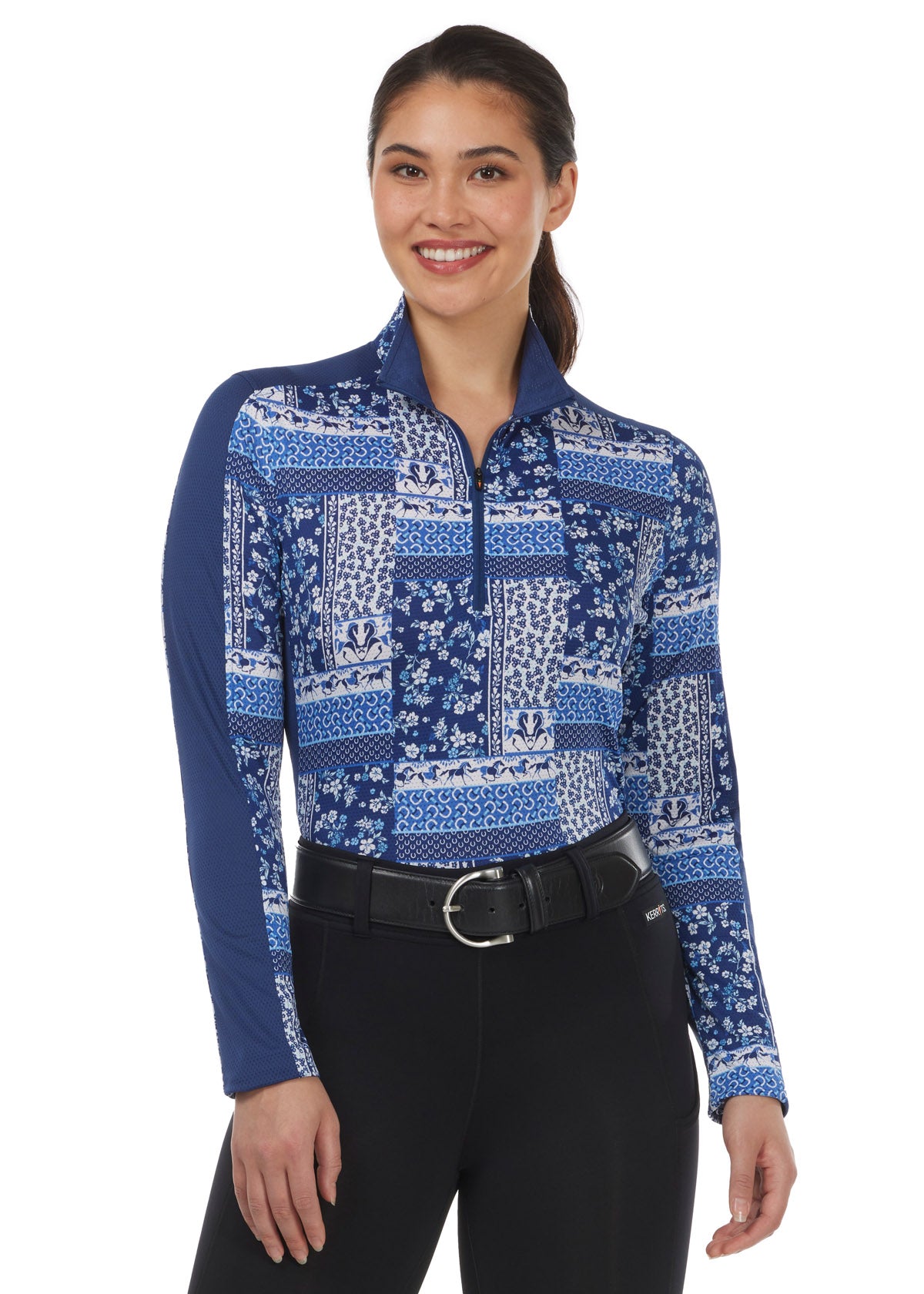 Front view of the Breeze Ice Fil® Long Sleeve Riding Shirt in Lapis Patchwork, featuring UPF+30 sun protection and feminine, sporty design.