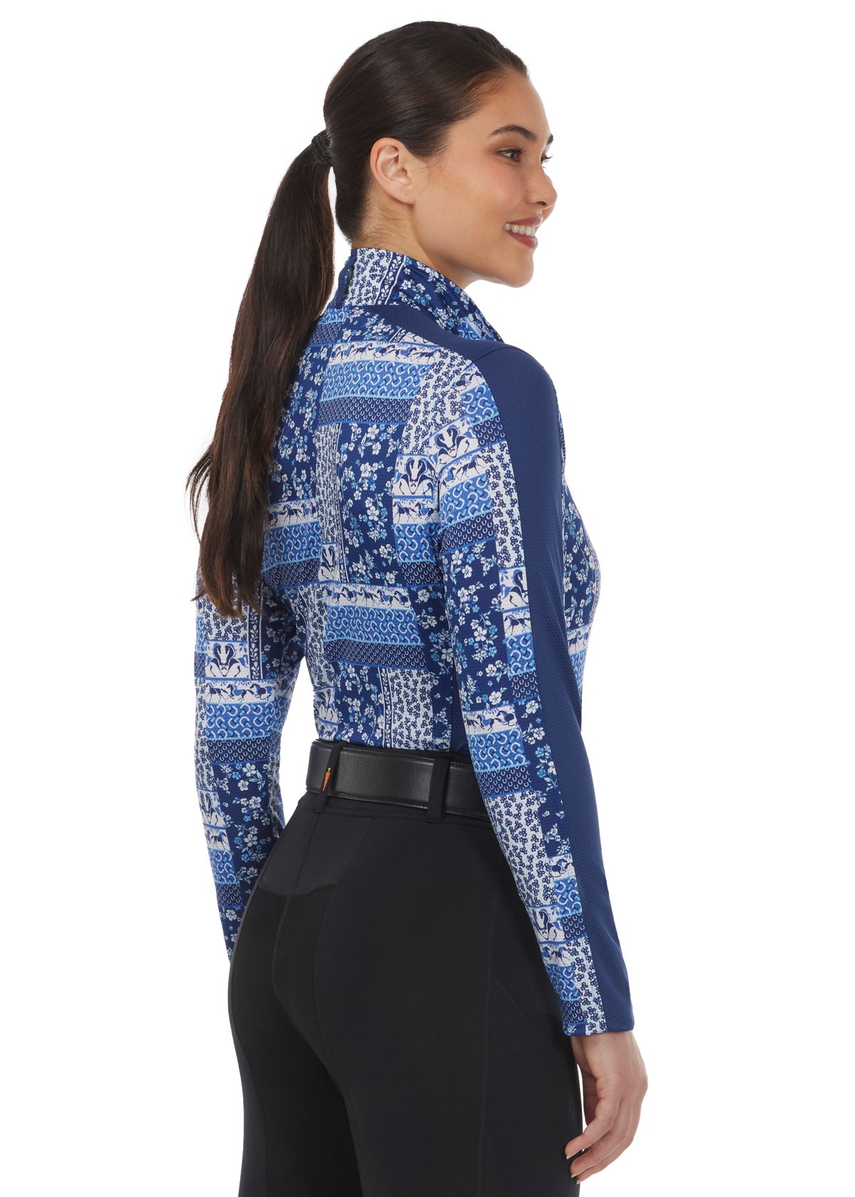 Side view of the Breeze Ice Fil® Long Sleeve Riding Shirt in Lapis Patchwork, showcasing sporty contrast panels and long sleeves for full coverage.