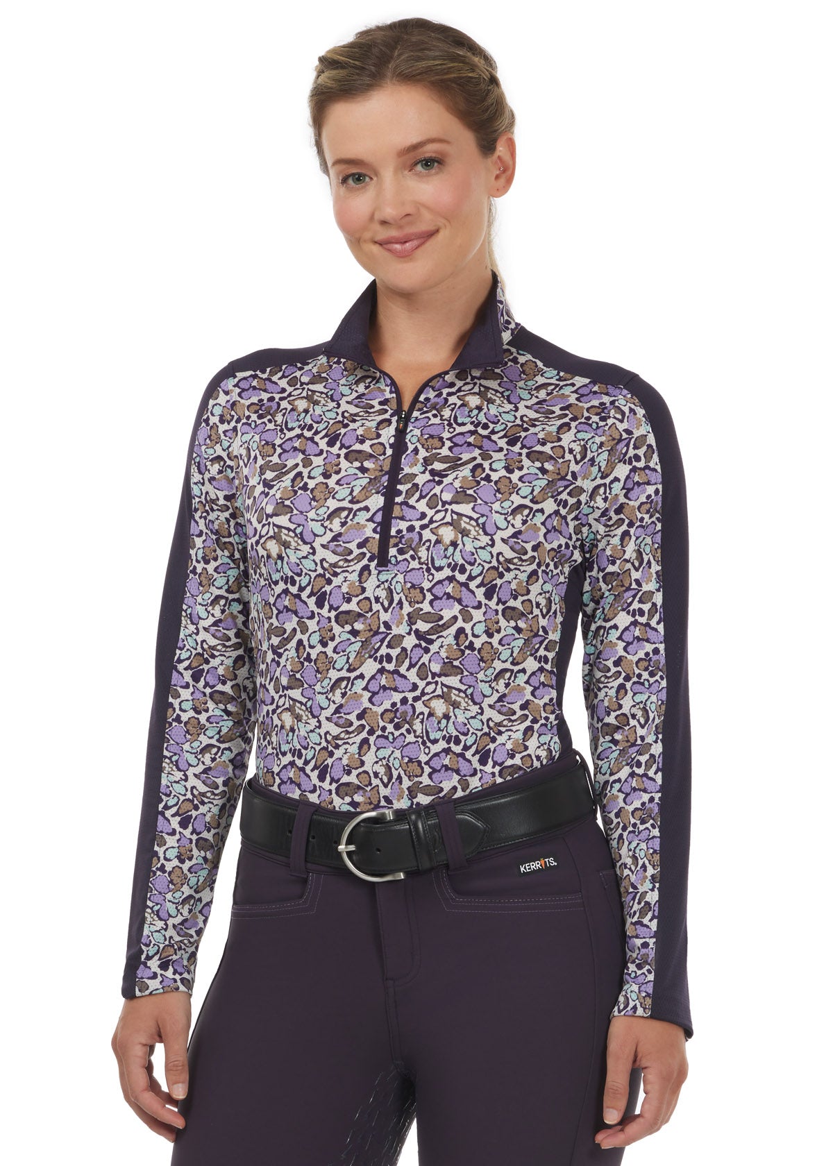 Front view of the Breeze Ice Fil® Long Sleeve Riding Shirt in Orchid Springtime print, featuring the extended ten-inch zipper and feminine, sporty design.