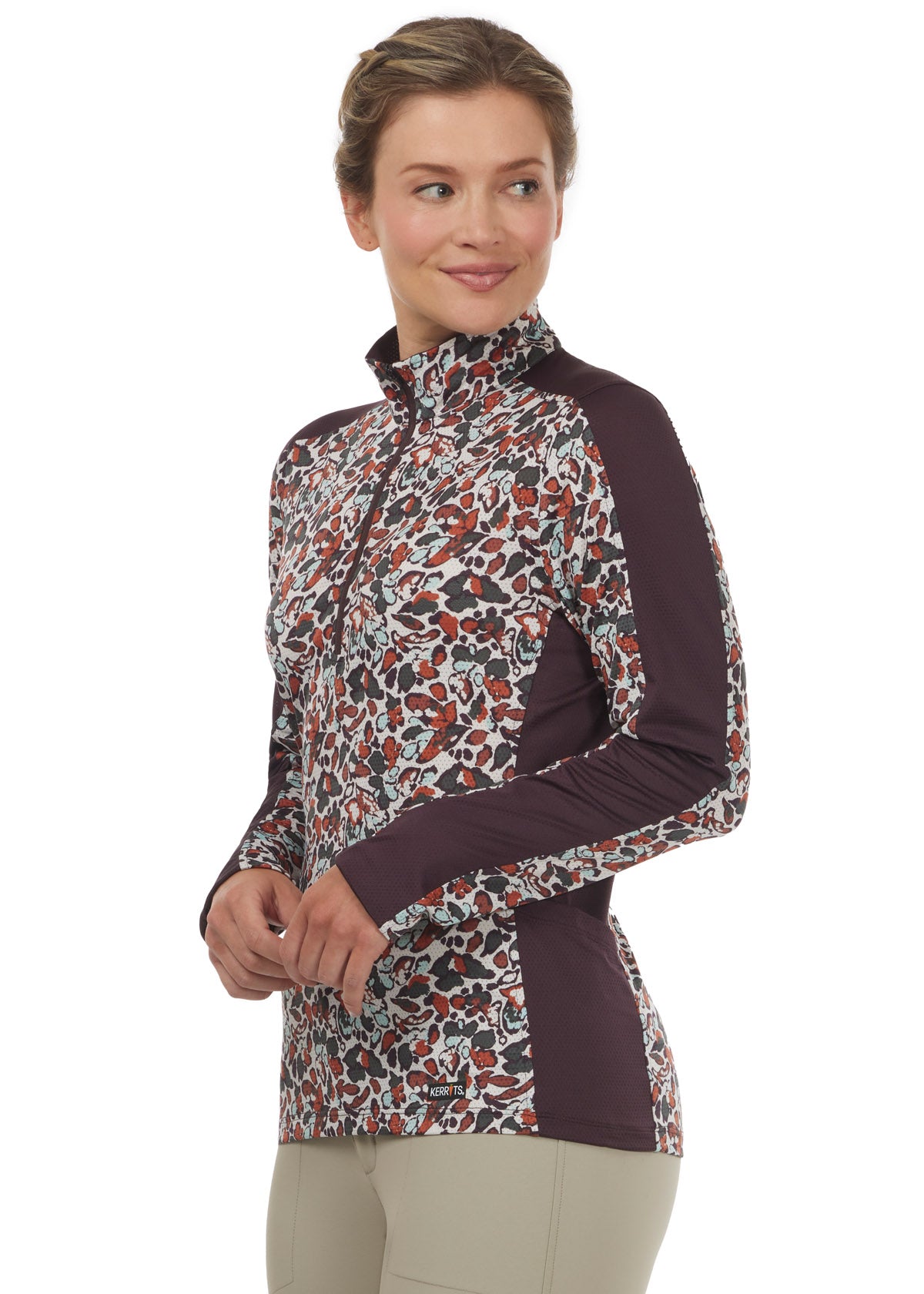 Front view of the Breeze Ice Fil® Long Sleeve Riding Shirt in Terracotta Springtime, featuring UPF+30 sun protection and feminine, sporty design.