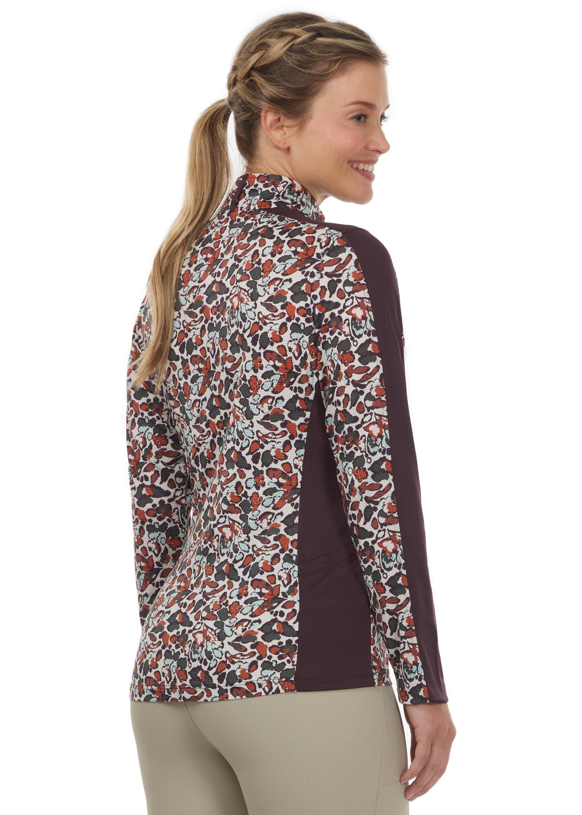 Back view of the Breeze Ice Fil® Long Sleeve Riding Shirt in Terracotta Springtime, highlighting the slimming contrast side panels and equestrian-inspired print.