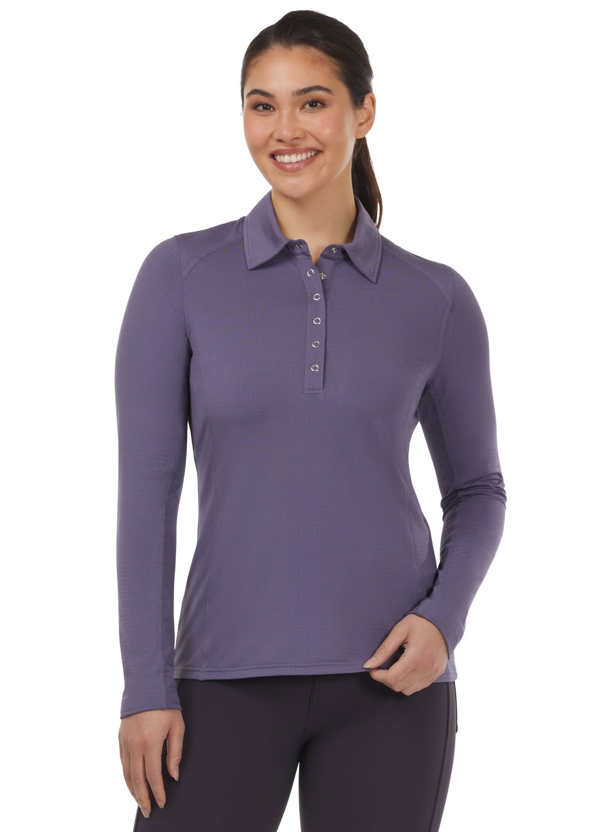 Front view of the Kerrits In a Snap Long Sleeve Equestrian Clinic Shirt in Wildorchid, featuring a shirt collar with front snap placket for a tailored look.