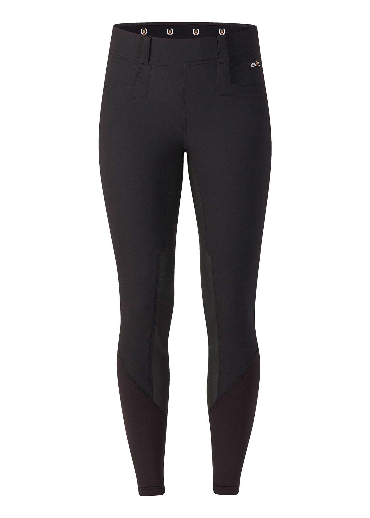 Flat lay of the Kerrits GripTek™ II Full Seat Breech in black, presenting the front profile with the hidden zip closure and belt loops.