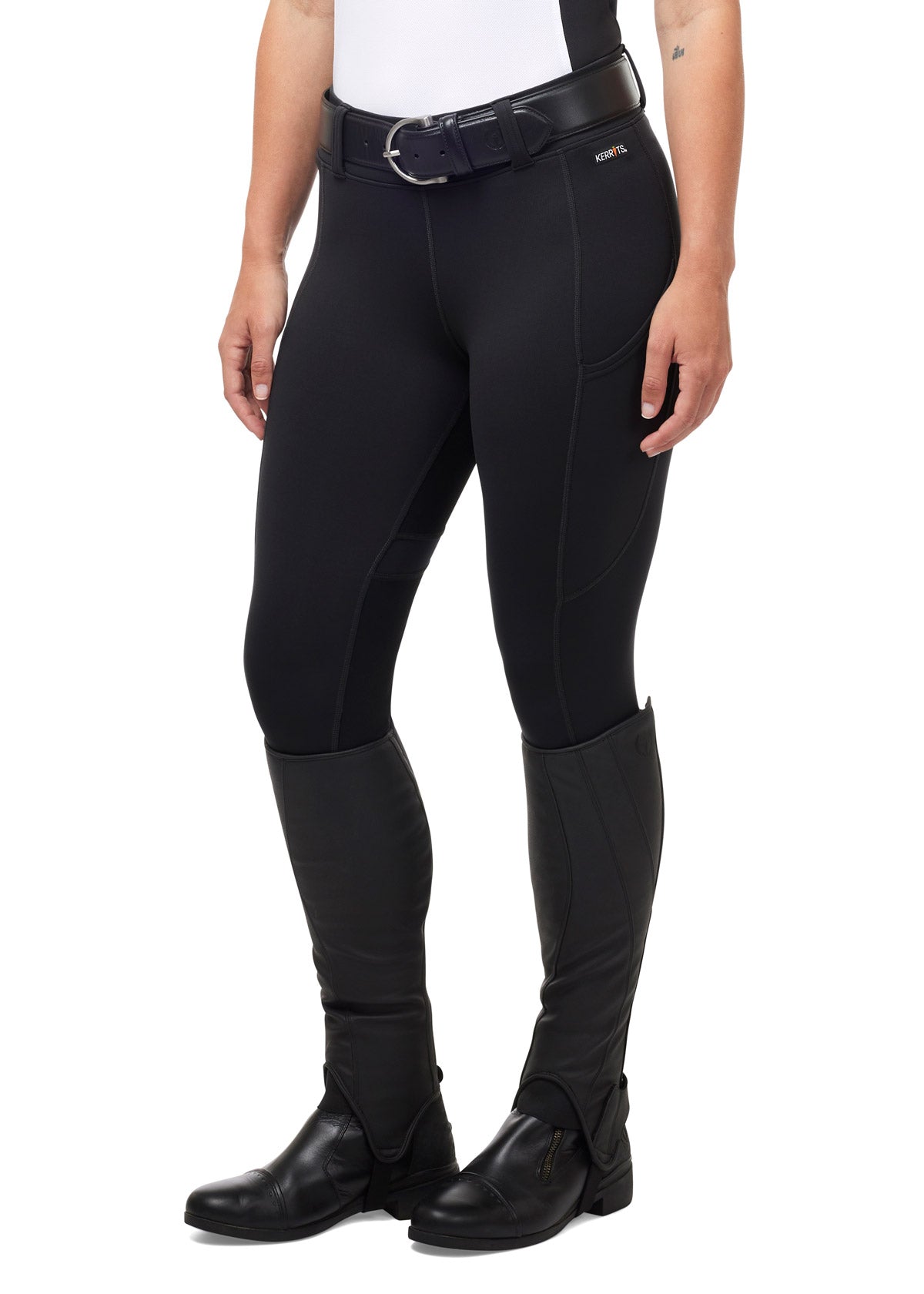 Front view of the Kerrits Flex 3.0 Full Seat Tight in Black, highlighting the sleek design and flow rise waistband.