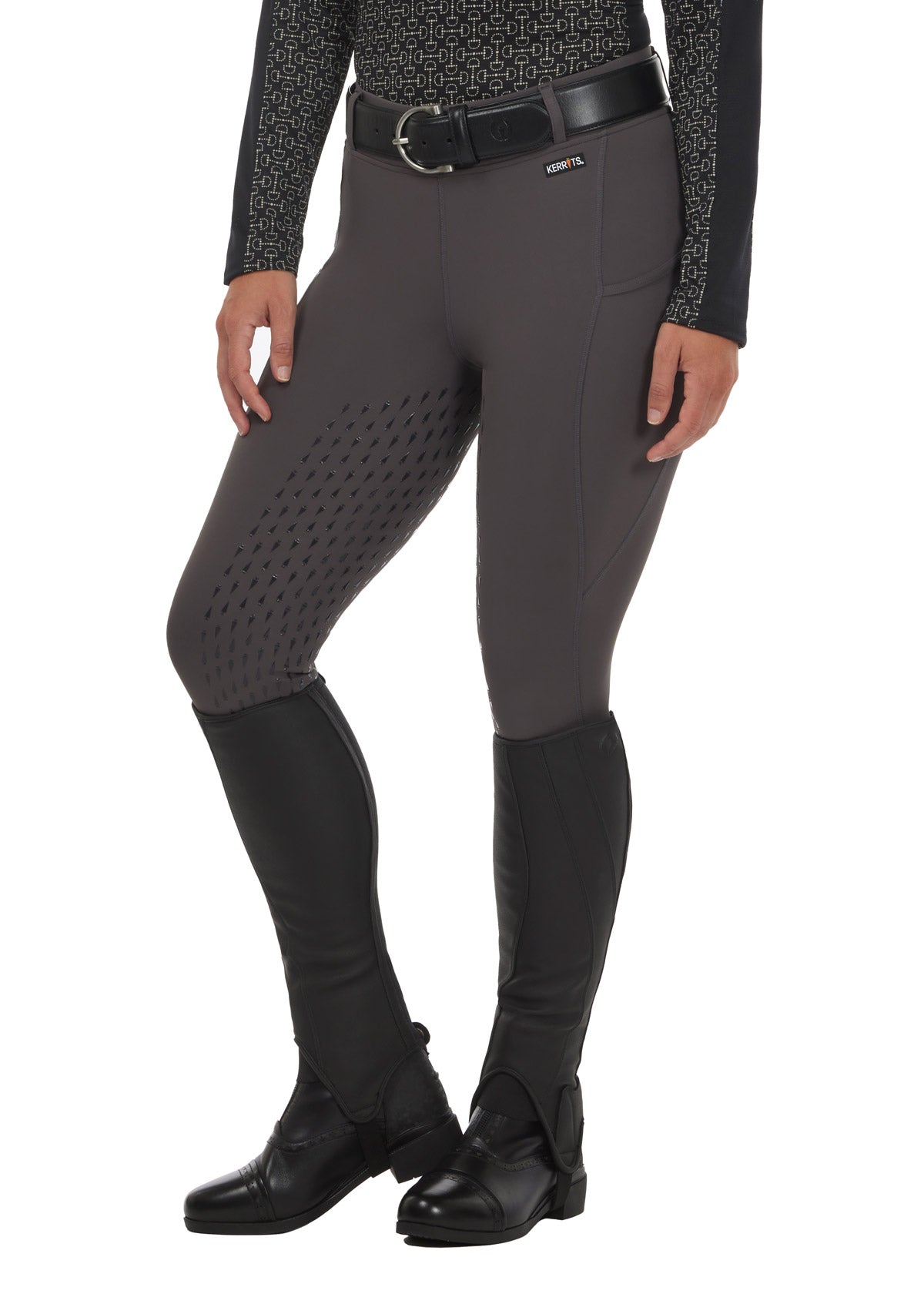 Front view of the Coolcore® Full Leg Tech Tight in Castiron, featuring a mid-rise waistband with belt loops and side pockets.