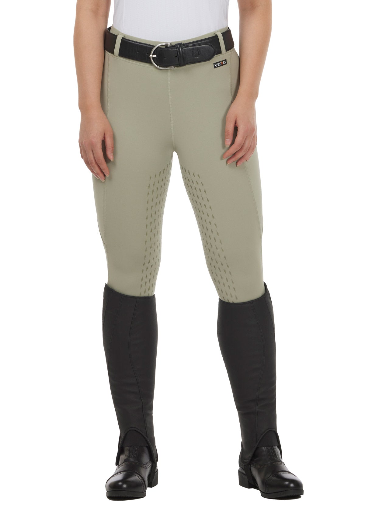 Front view of the Coolcore® Full Leg Tech Tight in Sand, featuring comfort waistband with belt loops and side pockets.