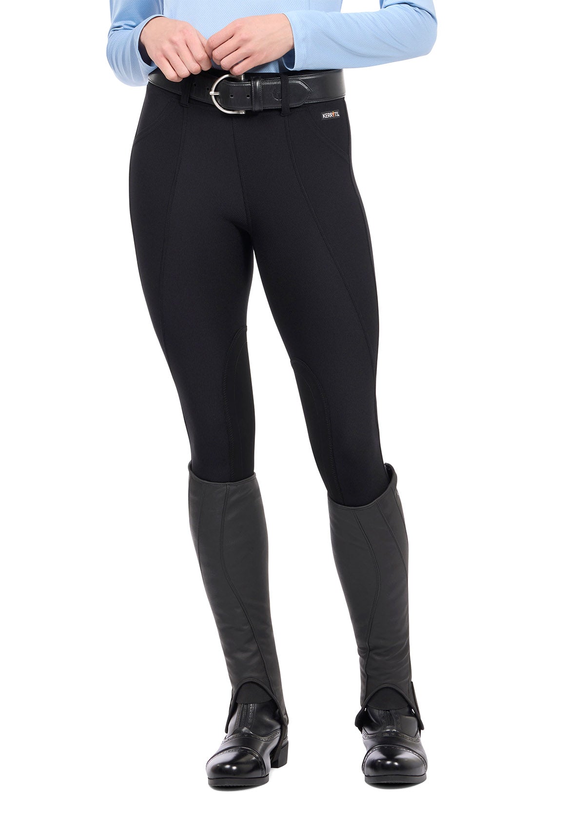 Front view of the Microcord™ Knee Patch Pocket Tight in Black, highlighting the mid-rise waistband and sleek design.