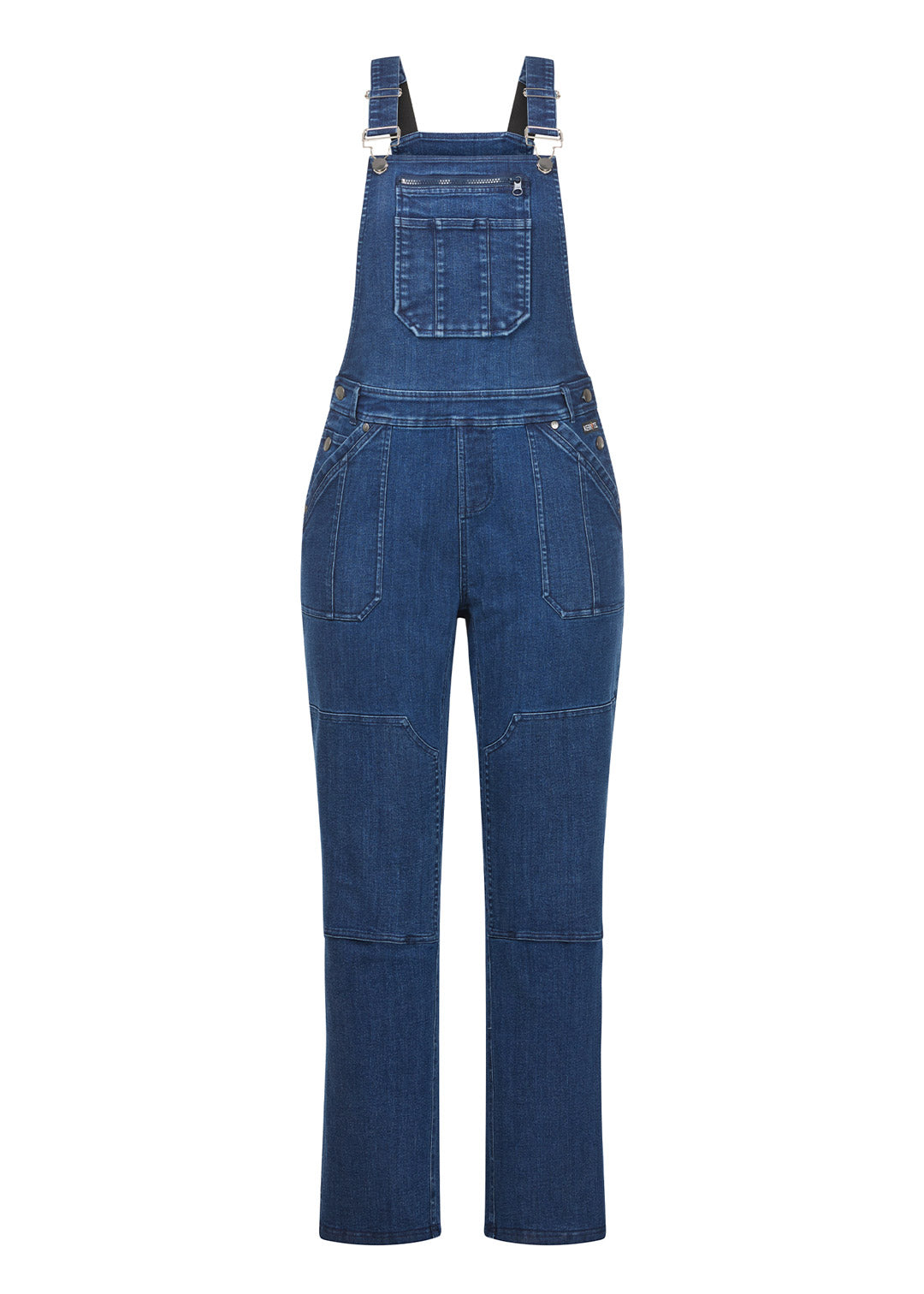 Flat lay of the overalls, front side up, highlighting the classic five-pocket jean styling with contrast stitching