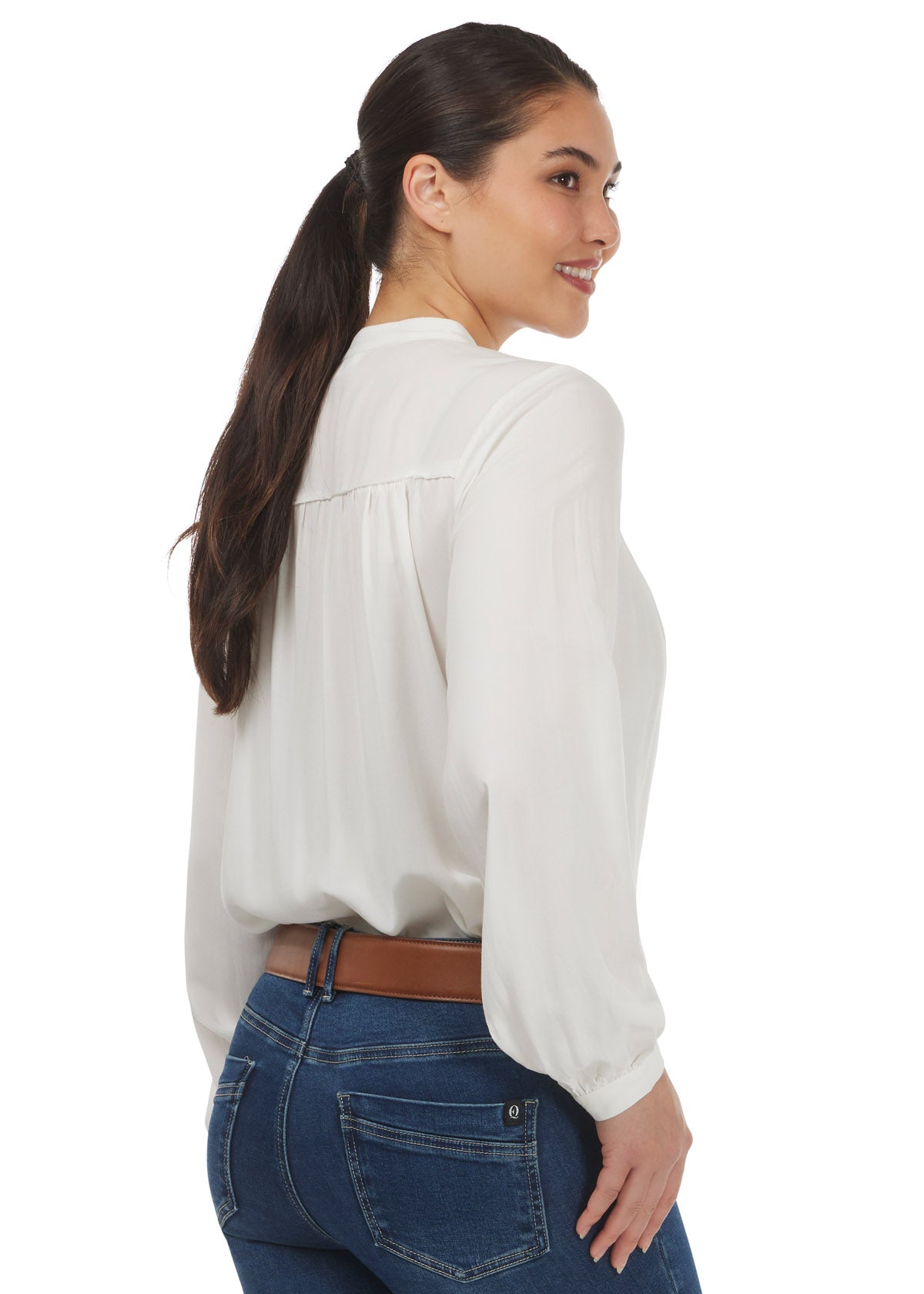 Back view of the Kerrits Hollyhocks & Horseshoes Blouse in Soft White, showcasing the mandarin collar and back shirring details.