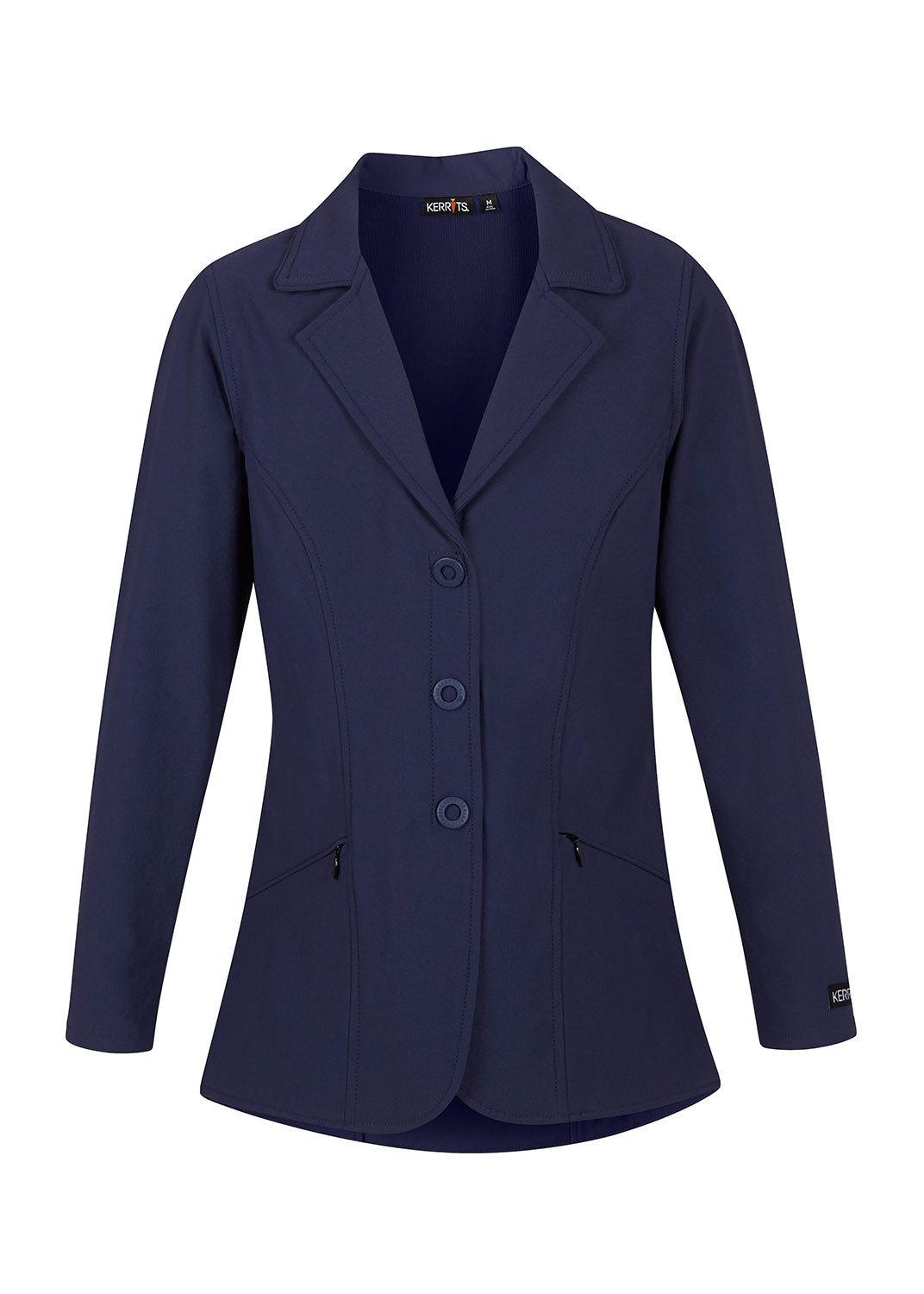 Flat lay of the coat, front side up, emphasizing the zippered front, pockets, and overall design