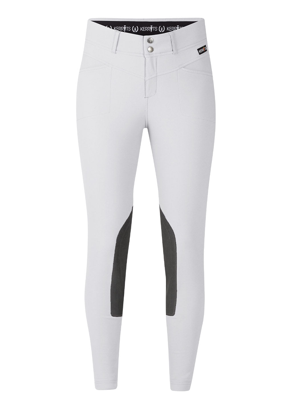 Flat lay of the breeches, front side up, detailing the tailored fit and functional design elements
