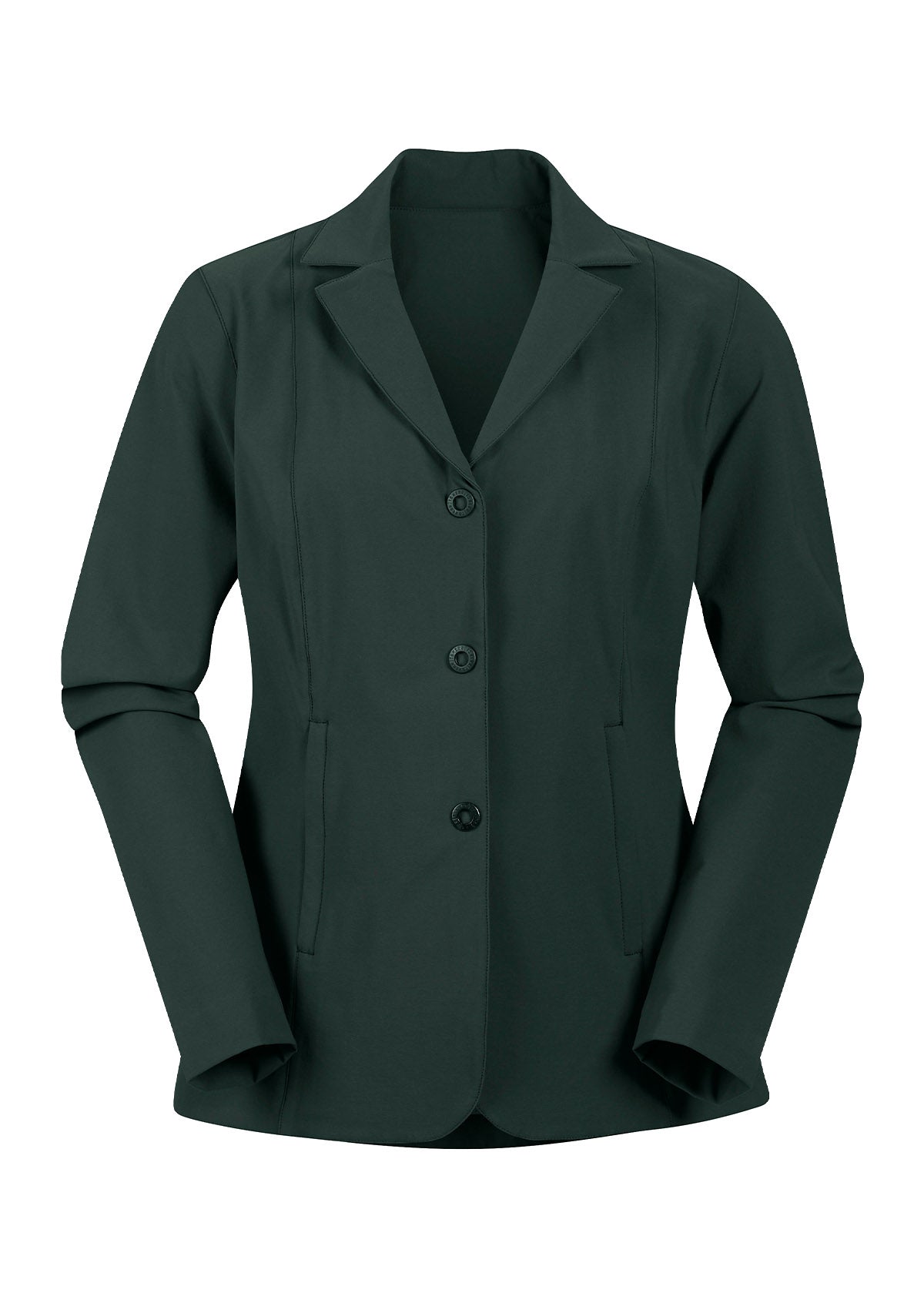 Stretch Competitor Koat in green laid flat, front view, displaying the hidden front zipper, snap closures, and sleek design