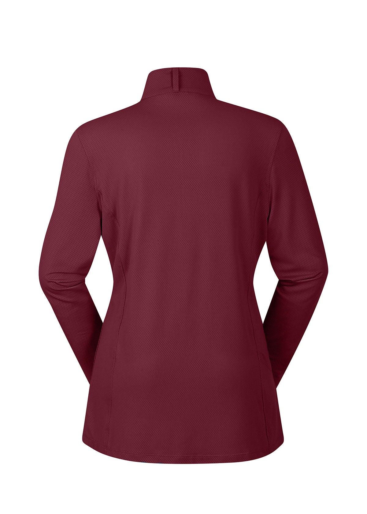 Flat lay of the Kerrits Ice Fil® Lite Long Sleeve Riding Shirt in Burgundy, showing the back profile with equestrian hem.