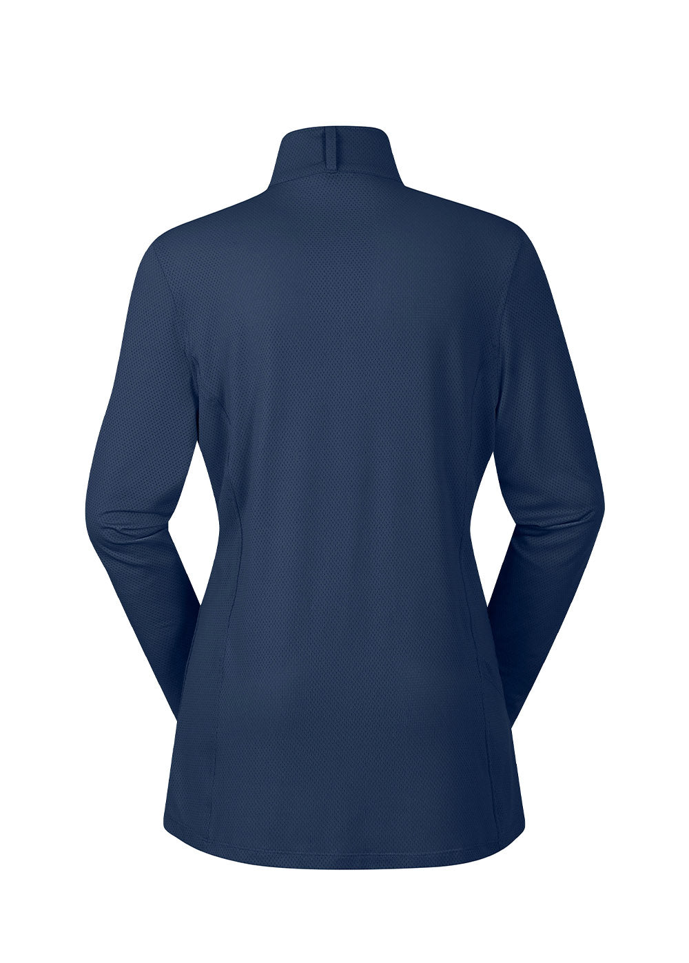 Flat lay of the Kerrits Ice Fil® Lite Long Sleeve Riding Shirt in Navy, showing the back profile with equestrian hem.