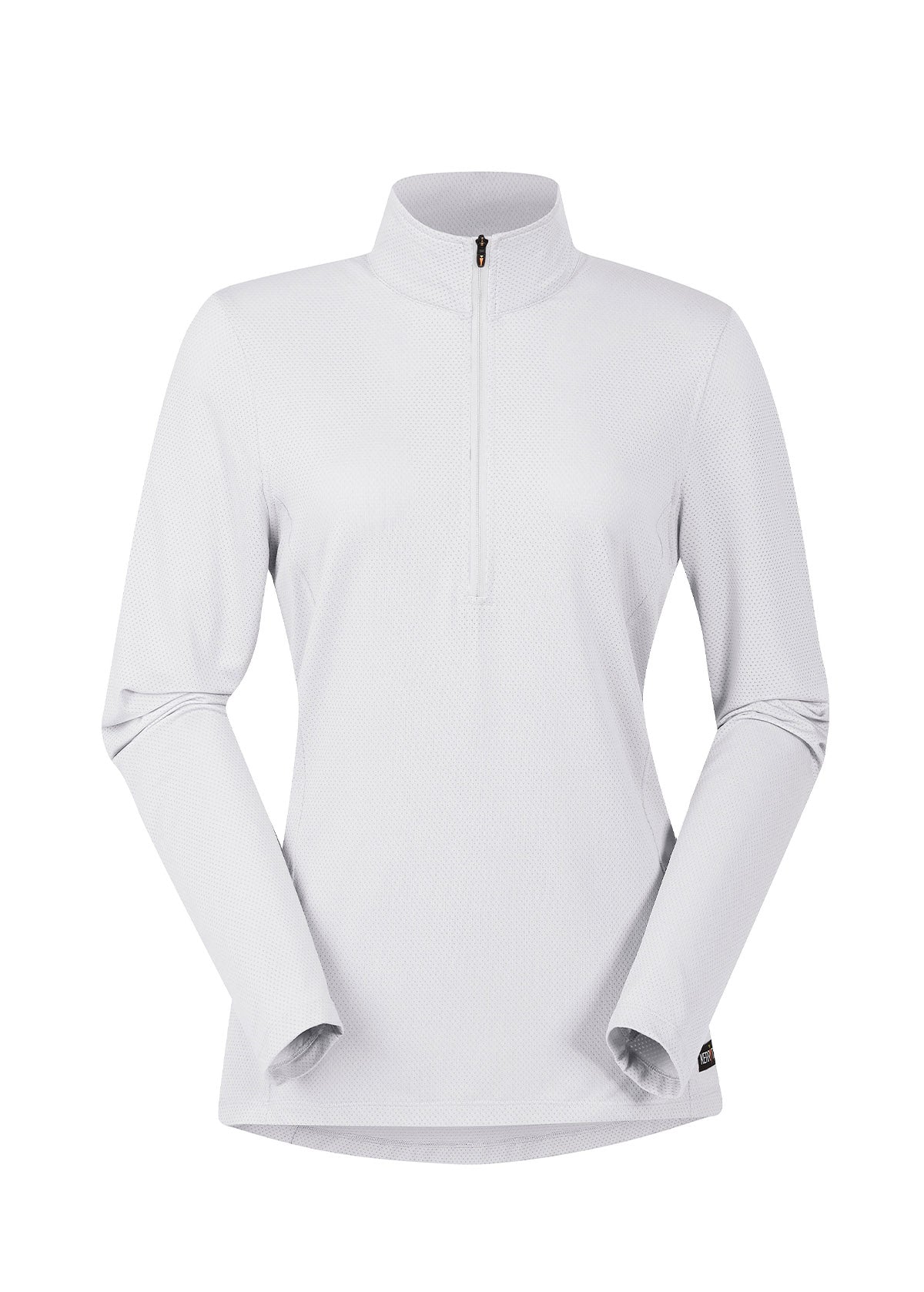 Flat lay of the Kerrits Ice Fil® Lite Long Sleeve Riding Shirt in White, presenting the front profile with zip collar.