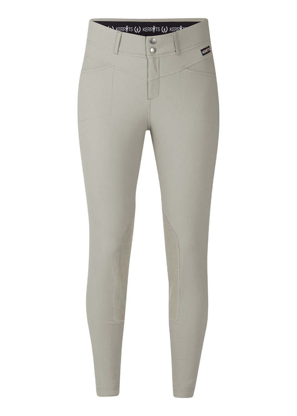 Flat lay of the breeches, front side up, detailing the tailored fit and functional design elements