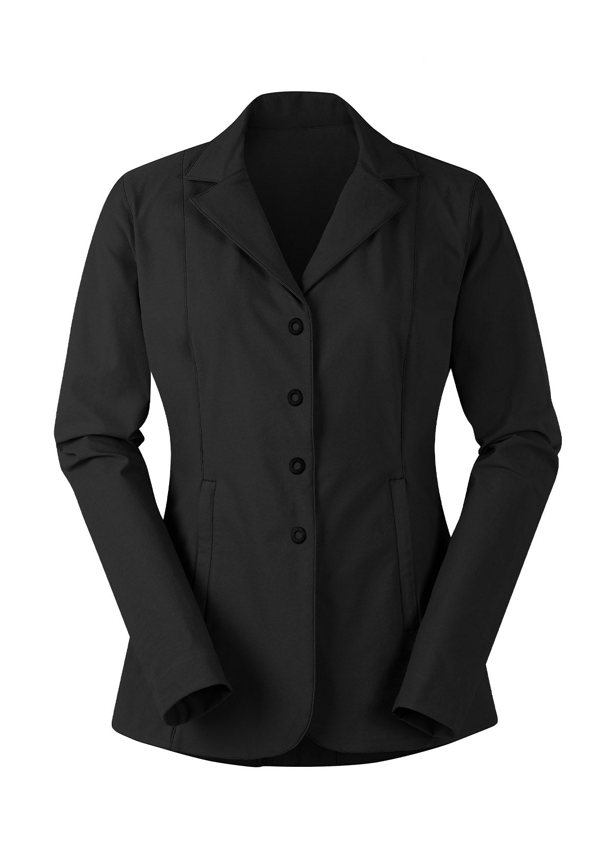 Stretch Competitor Koat in black laid flat, front view, displaying the hidden front zipper, snap closures, and sleek design